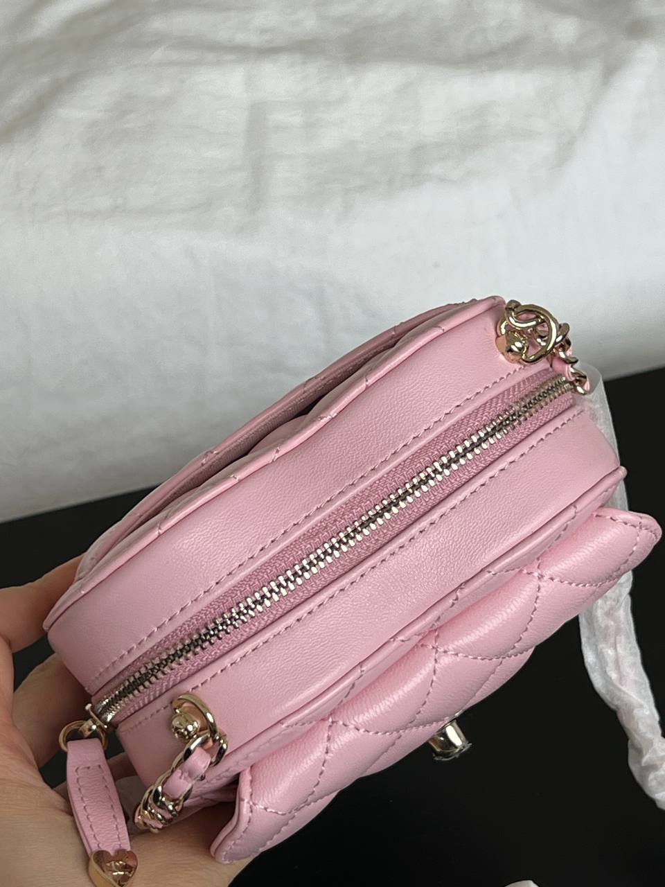 Chanel Pink Lambskin Quilted Heart Mini Crossbody Bag With Crystal Turnlock