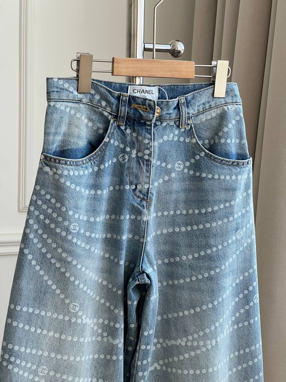 Wave Dot Printed High Waist Wide Leg Washed Denim Jeans