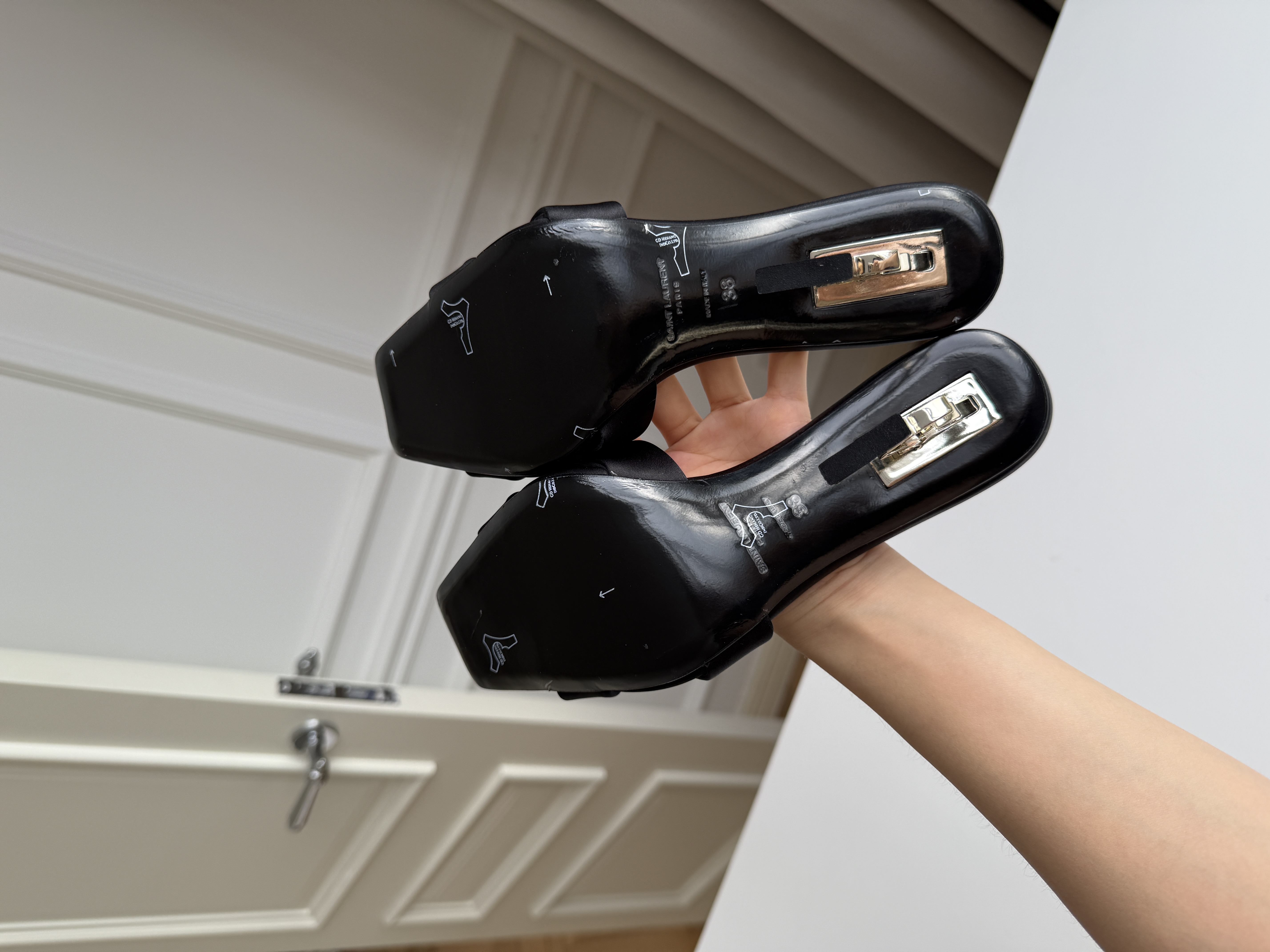 Saint Laurent Black Satin Crisscross Strap Gold Heel Sandals