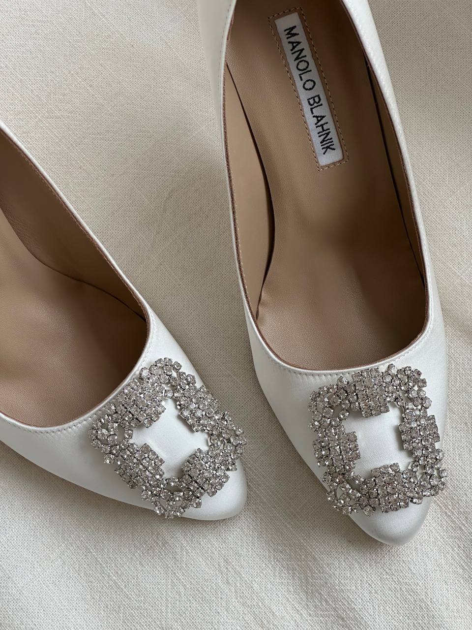 Manolo Blahnik White Satin Crystal Square Buckle Pointed Toe Stiletto Pumps