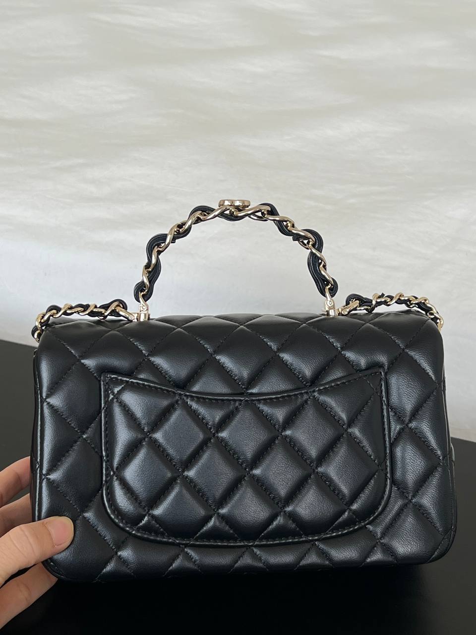 Chanel Black Lambskin Mini Classic Flap With Top Handle