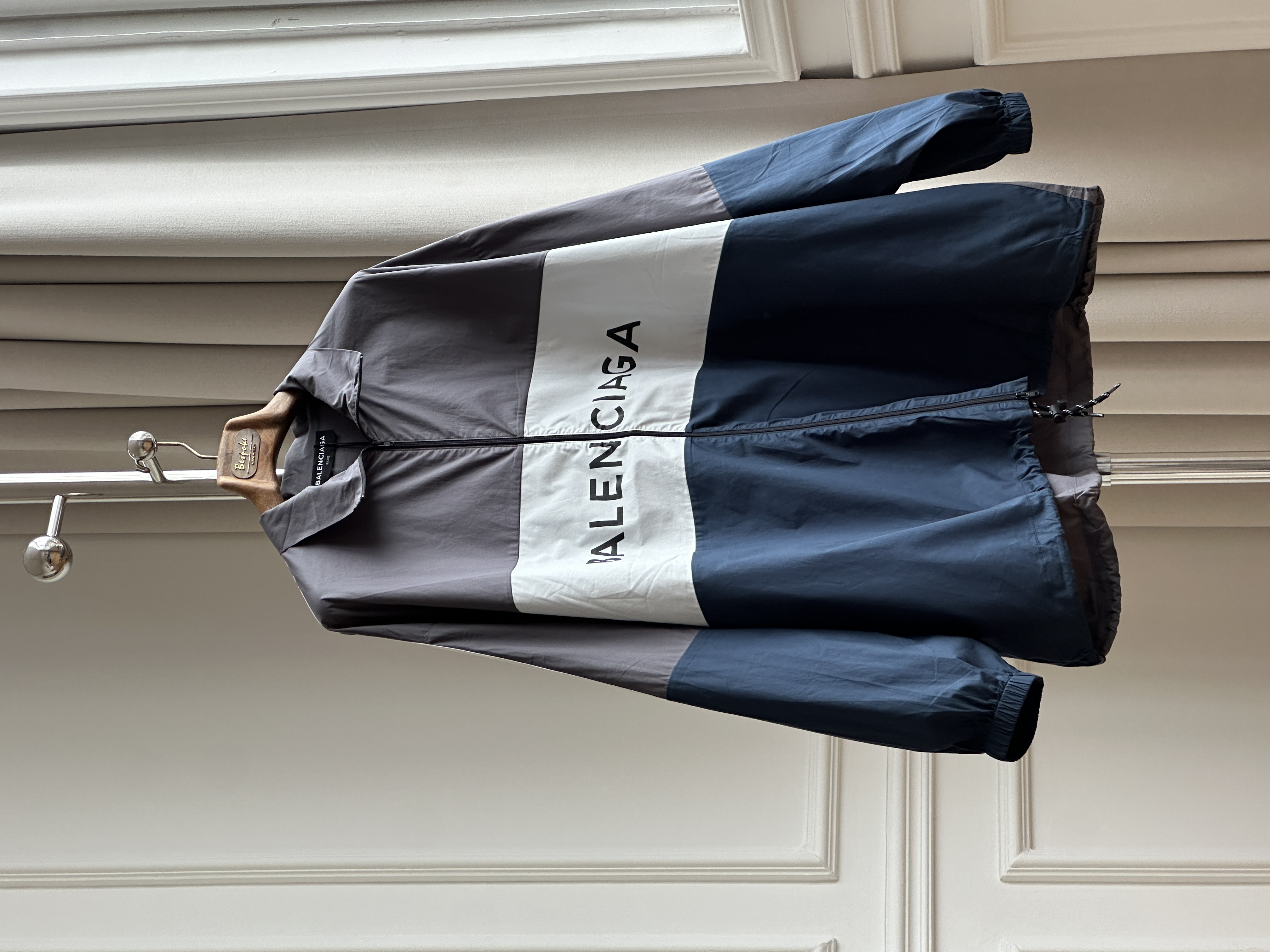 Balenciaga Grey White Navy Color Block Logo Collared Windbreaker Jacket