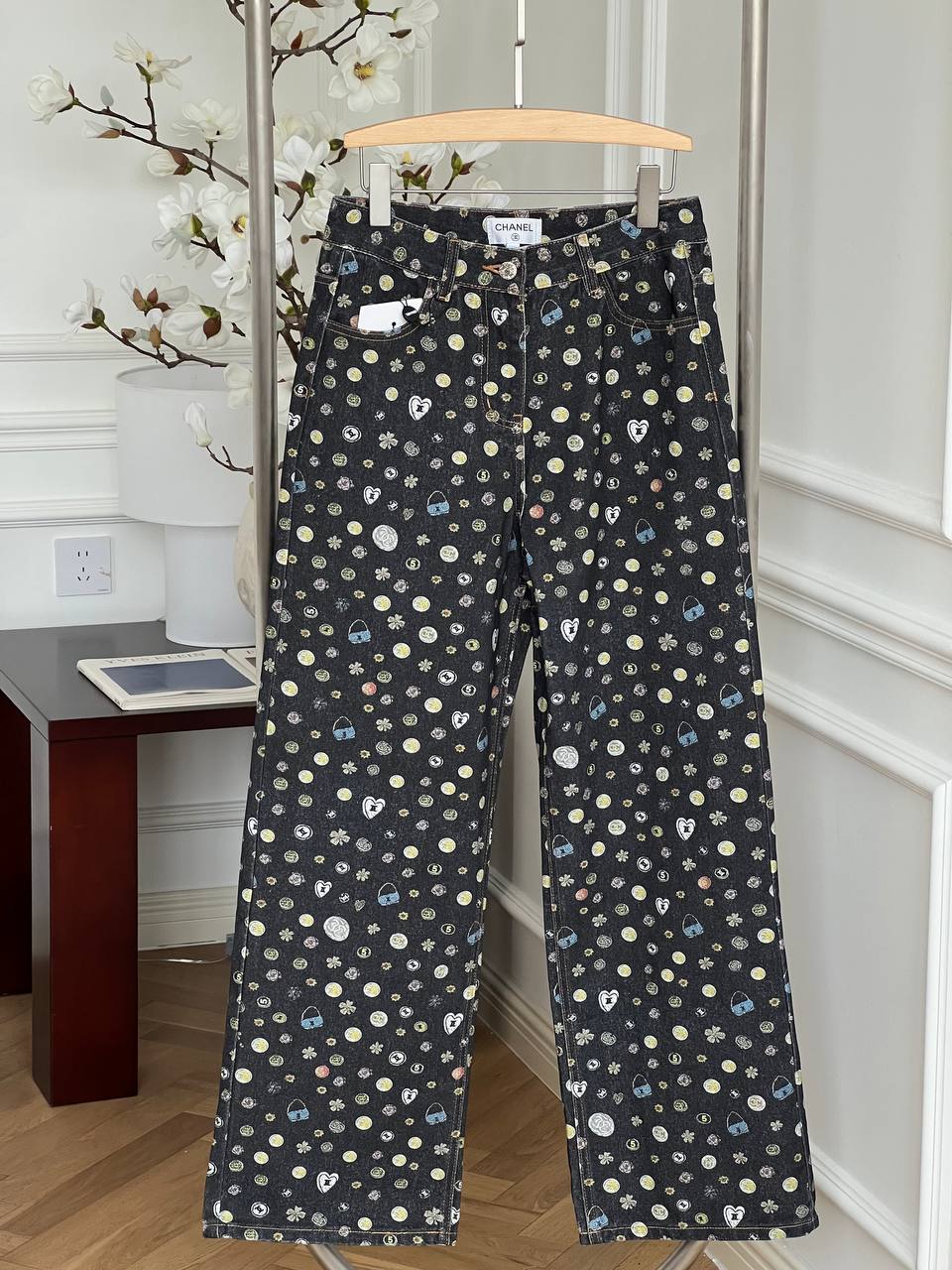 Chanel Dark Denim Playful Multi-pattern Printed Wide-Leg Jeans