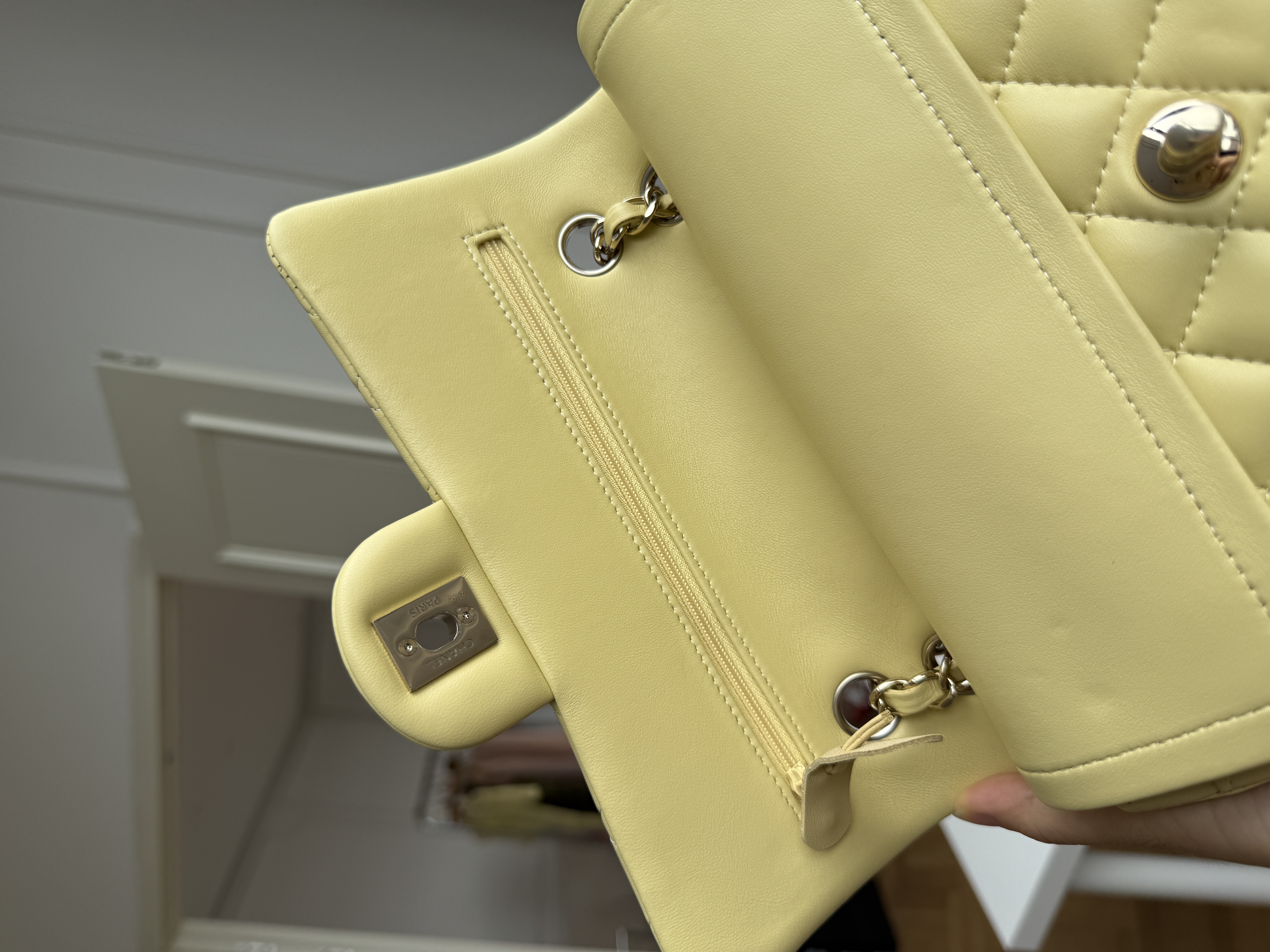 CHANEL Classic Flap Medium, Lambskin Classic Flap Bag in Pale Yellow