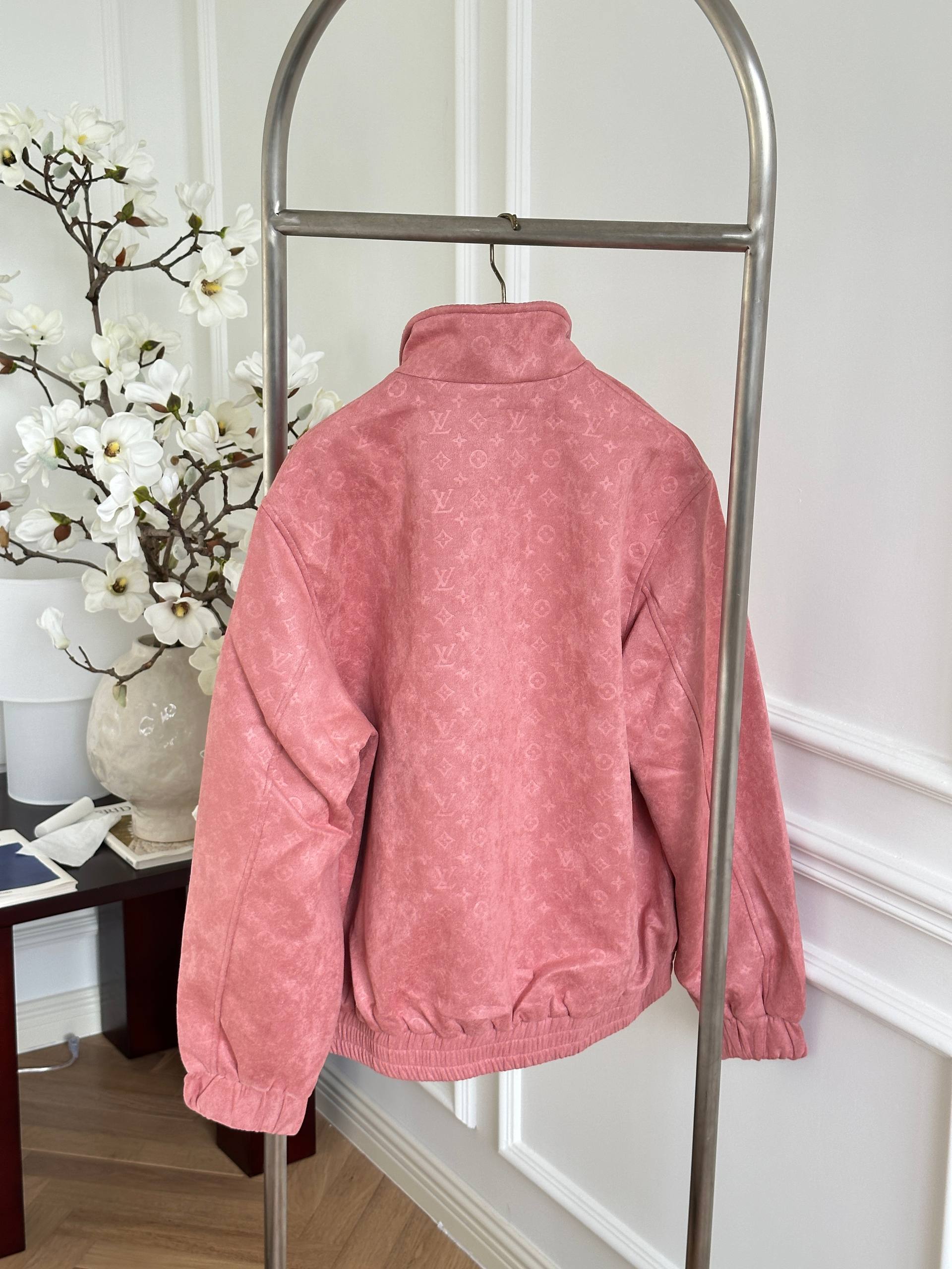 Louis Vuitton Pink Suede All Over Monogram Bomber Jacket