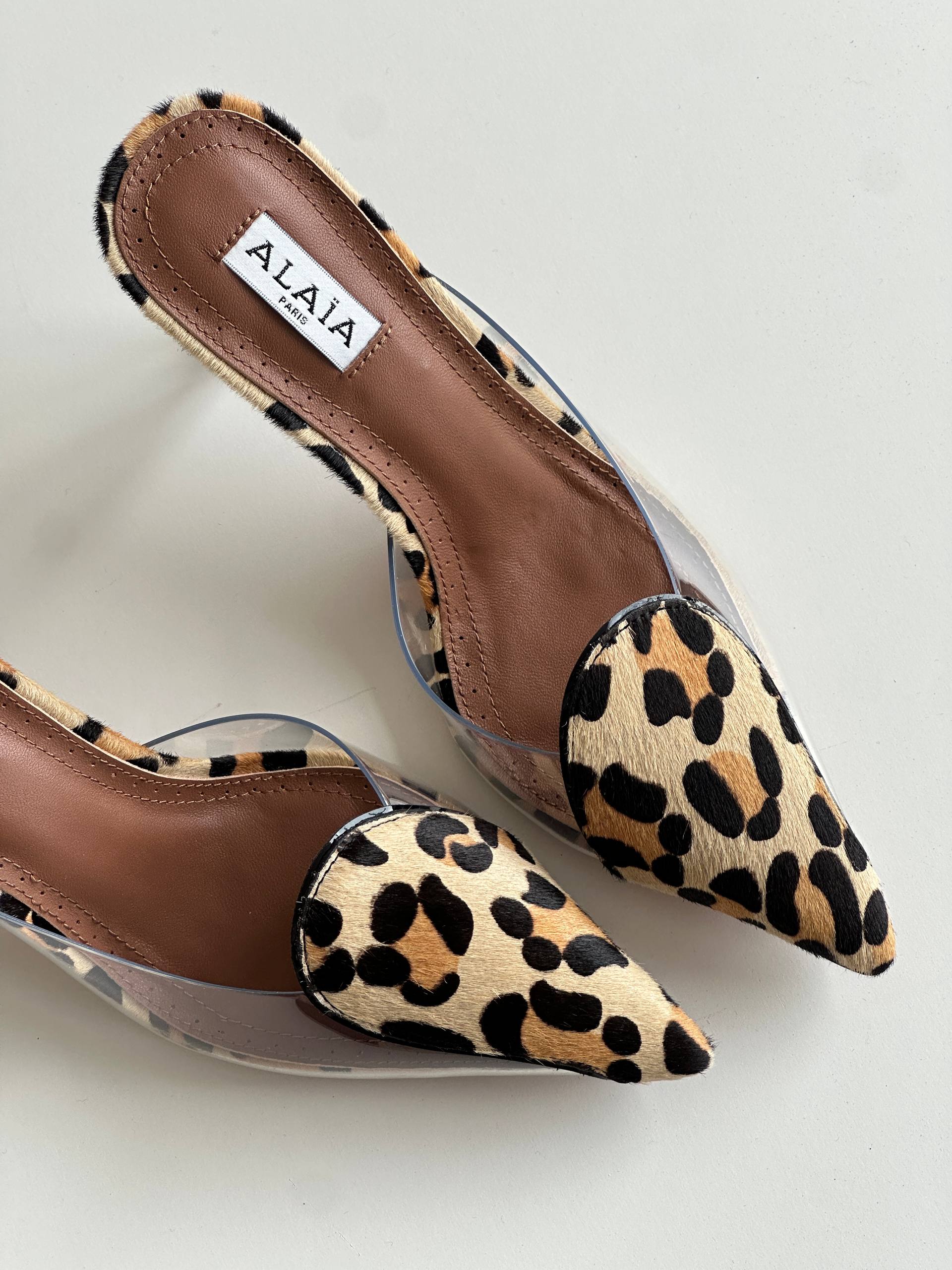 ALAÏA Leopard Print Calf Hair Pointed PVC Two-Strap Mule Heels