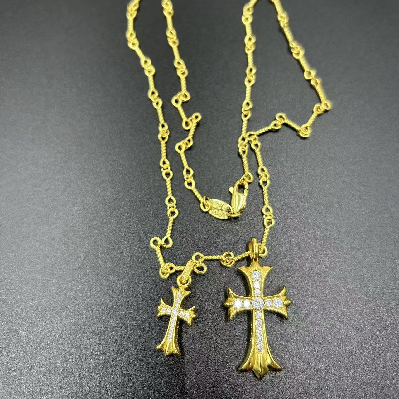 CHROME HEARTS 22K GOLD DOUBLE CROSS LAYERED NECKLACE WITH FULL DIAMOND EMBELLISHMENT