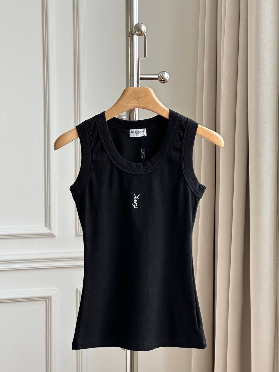 Saint Laurent Black Ribbed U-Neck Wide Strap Tank Top With White YSL Embroidery Logo