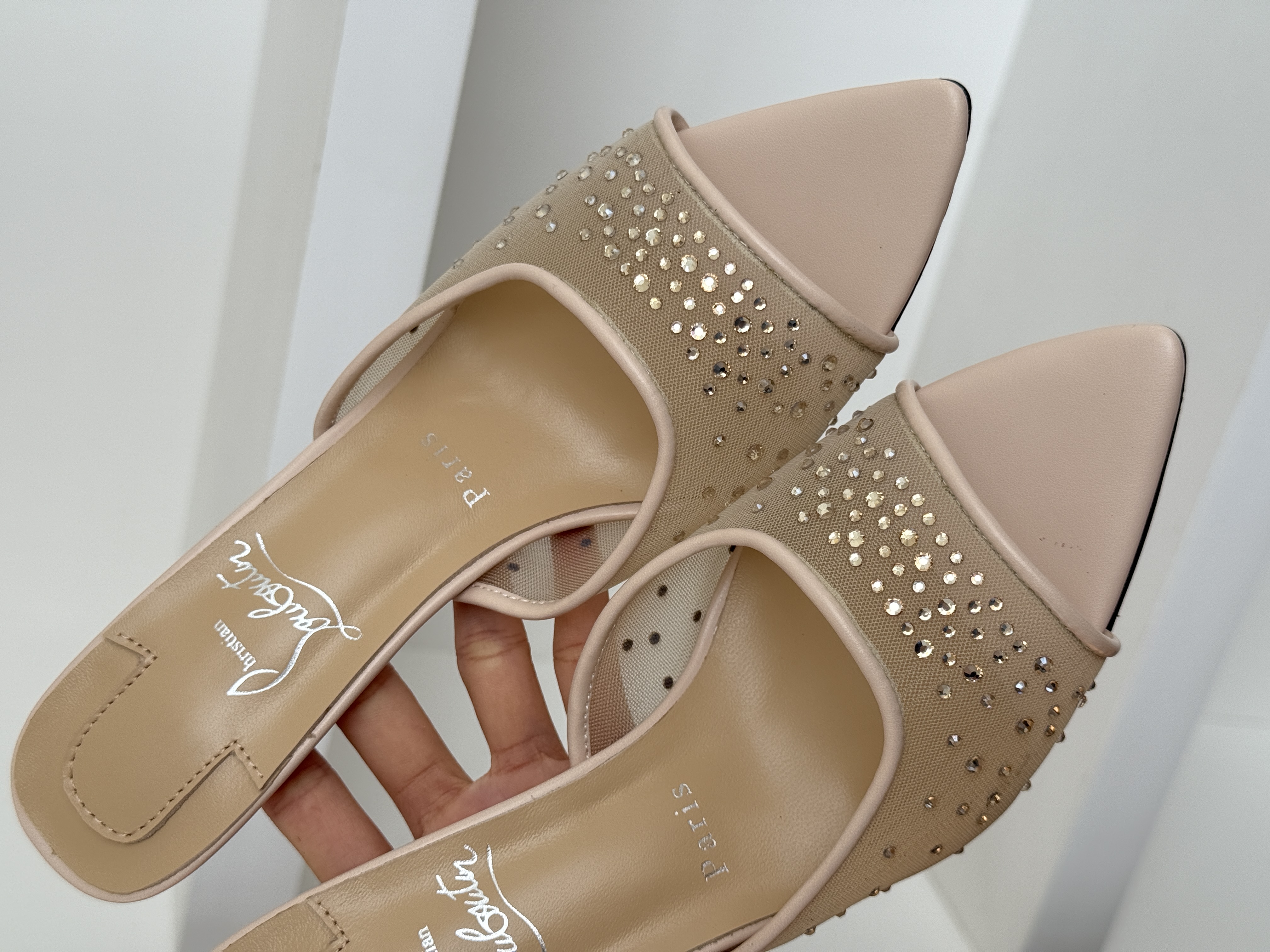 Christian Louboutin Mesh Crystal Pointed-Toe Red Sole Mule Heels