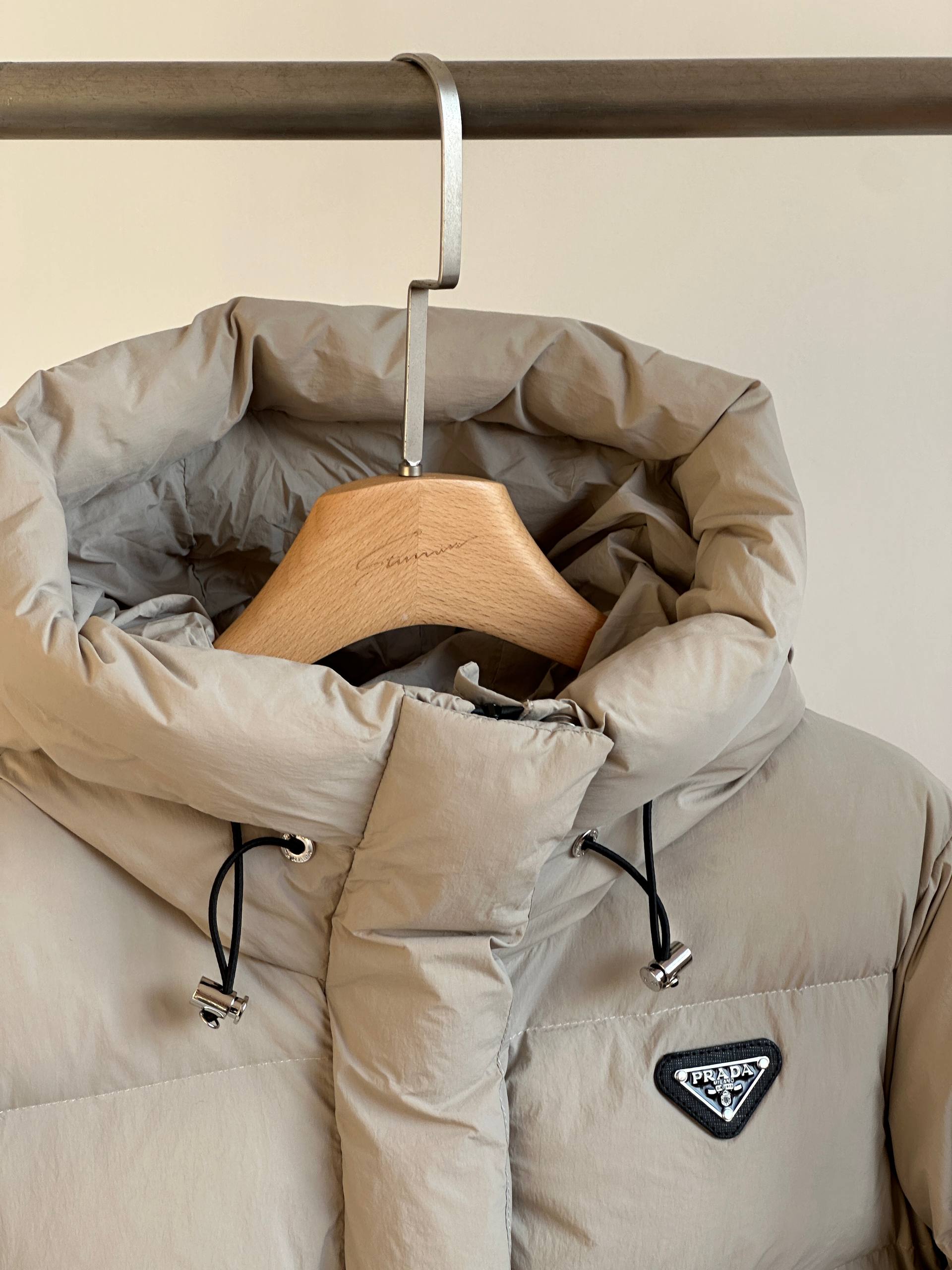 Prada Hooded Loose Down Jacket with Triangle Logo & Waist Drawstring