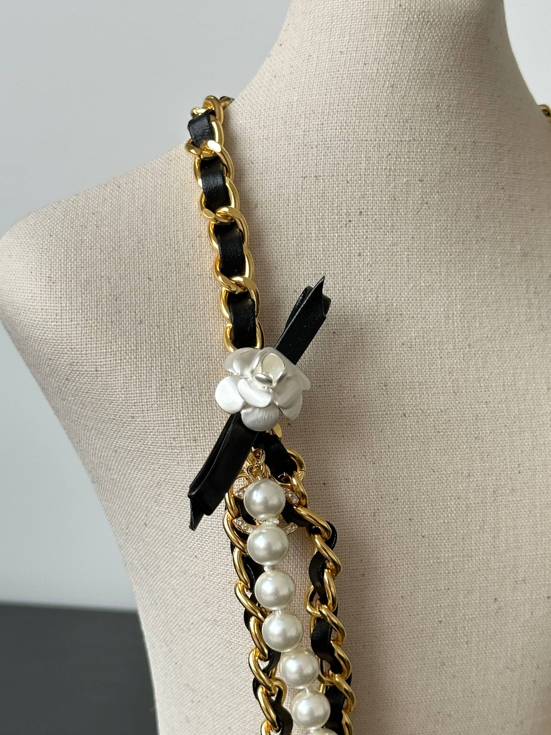 Chanel Camellia Bow Leather-Woven Chain Pearl Multi-layer Waist Chain & Long Necklace Dual-purpose