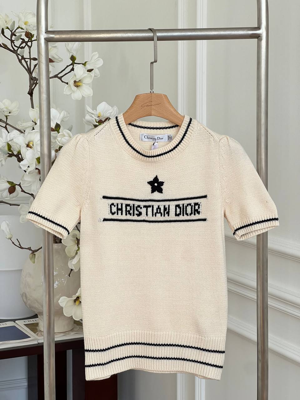 Dior Off-white Striped Christian Dior Letter & Star Jacquard Short Sleeve Knit Top
