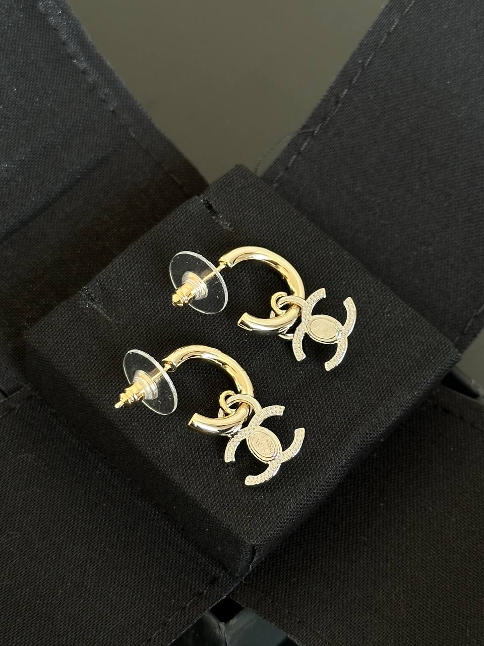 CHANEL Two-Tone Metal Earrings with Crystal CC Pendant