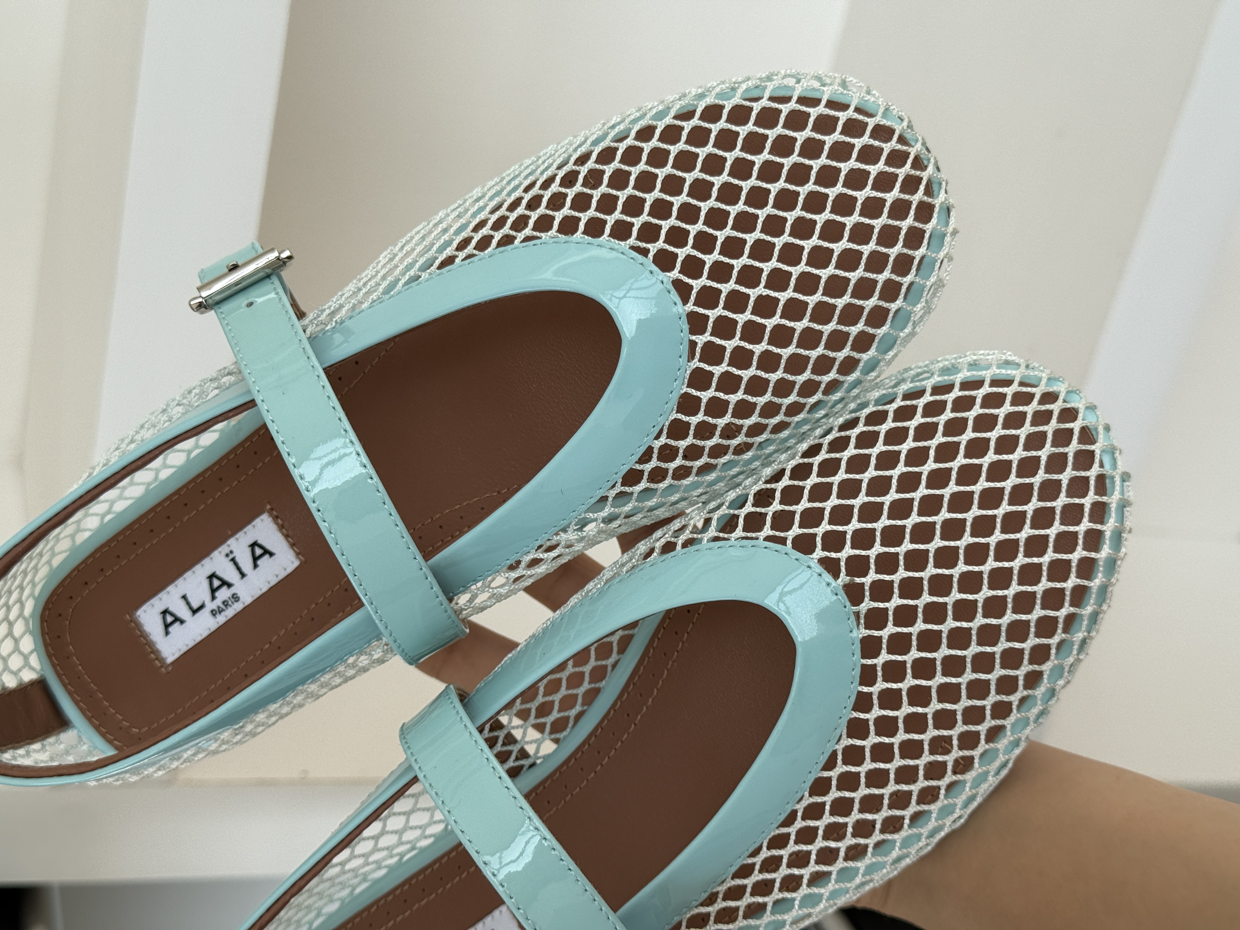 ALAIA Patent Leather Trim Mesh Strap Mary Jane Flat Shoes