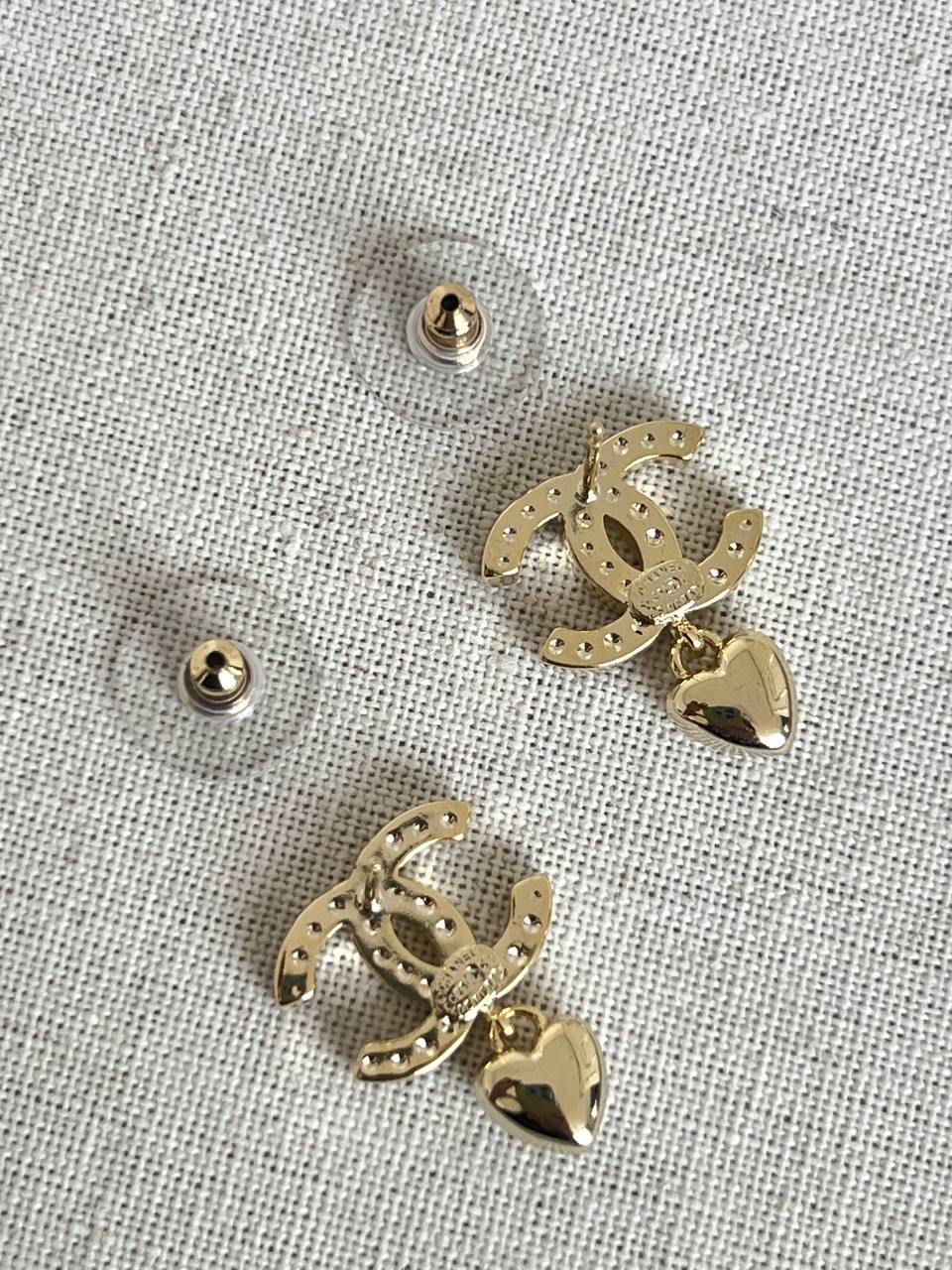 Chanel Crystal Interlocking CC Heart Drop Earrings