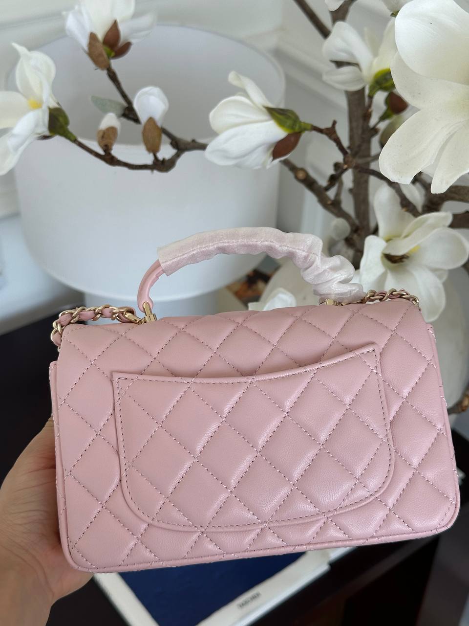 Chanel Sakura Pink Lambskin Quilted Top Handle Mini Classic Flap Bag