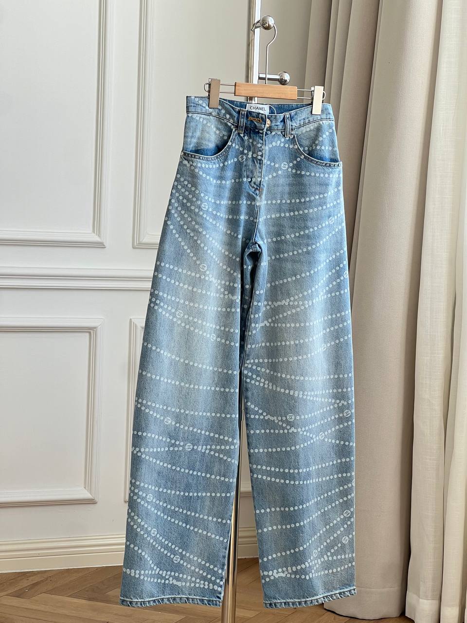 Wave Dot Printed High Waist Wide Leg Washed Denim Jeans