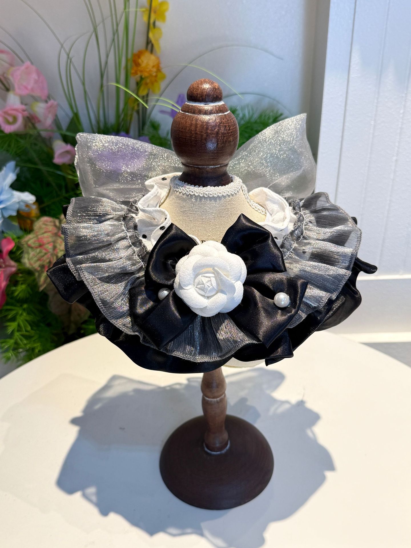 Hand-crafted Black White Lace Ruffle Pet Bib Night Camellia Bow Pearl Decor Elastic Neck Scarf - MAISONKAIRON