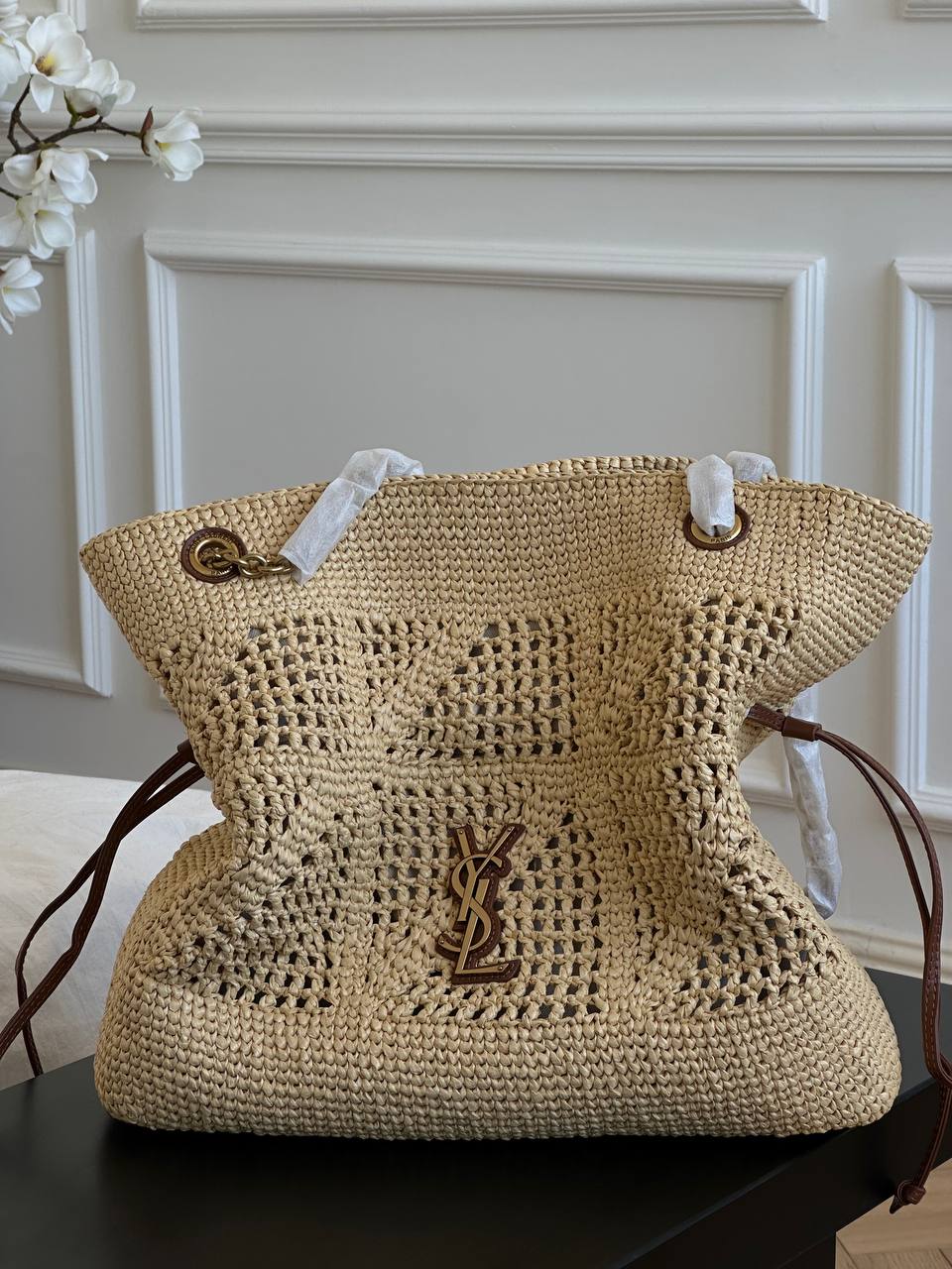 YSL Natural Raffia Hollow Weave Drawstring Chain Tote Straw Bag