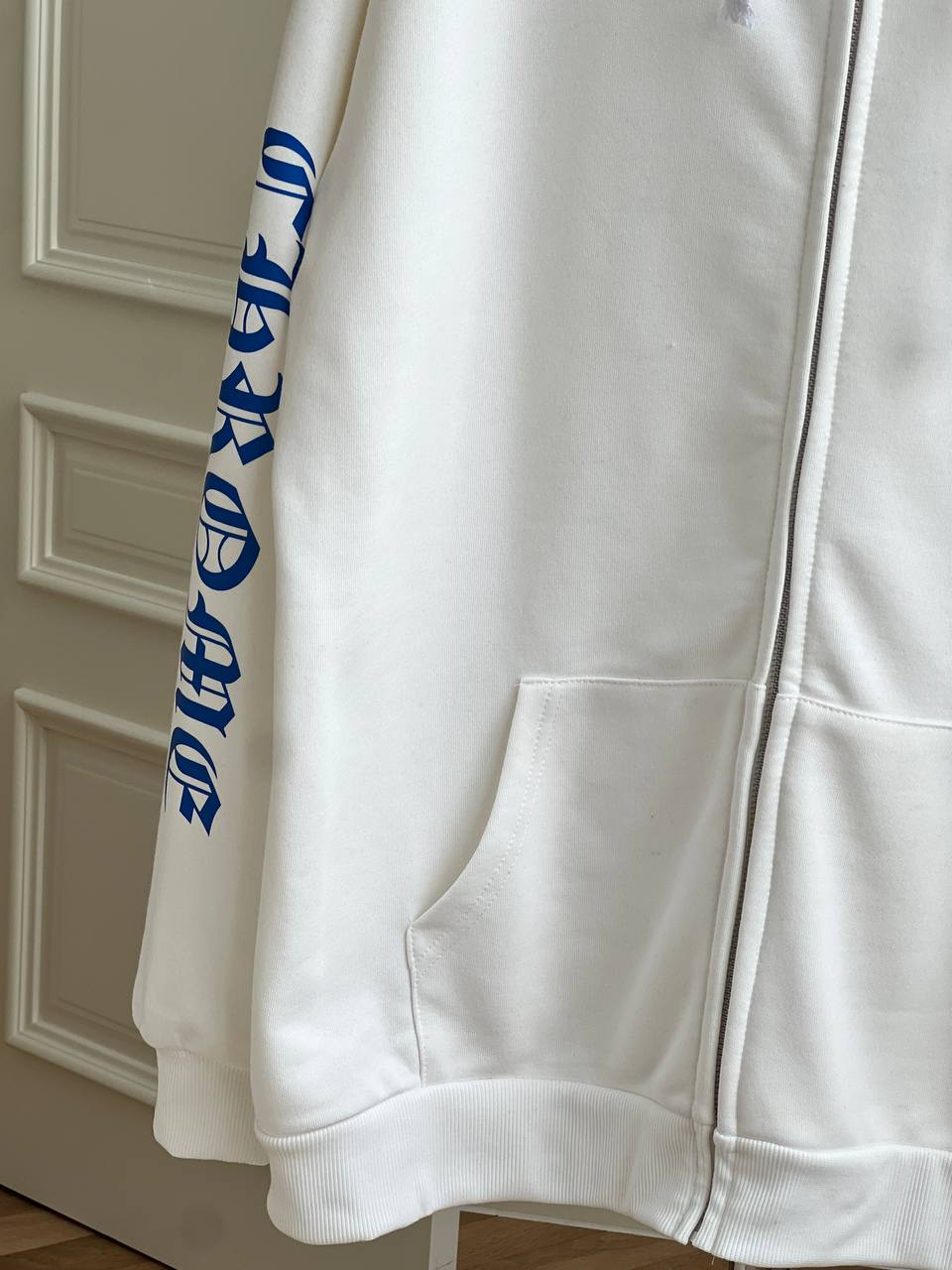 Chrome Hearts White Zip-Up Hooded Jacket With Blue Gothic Vertical Letter Print