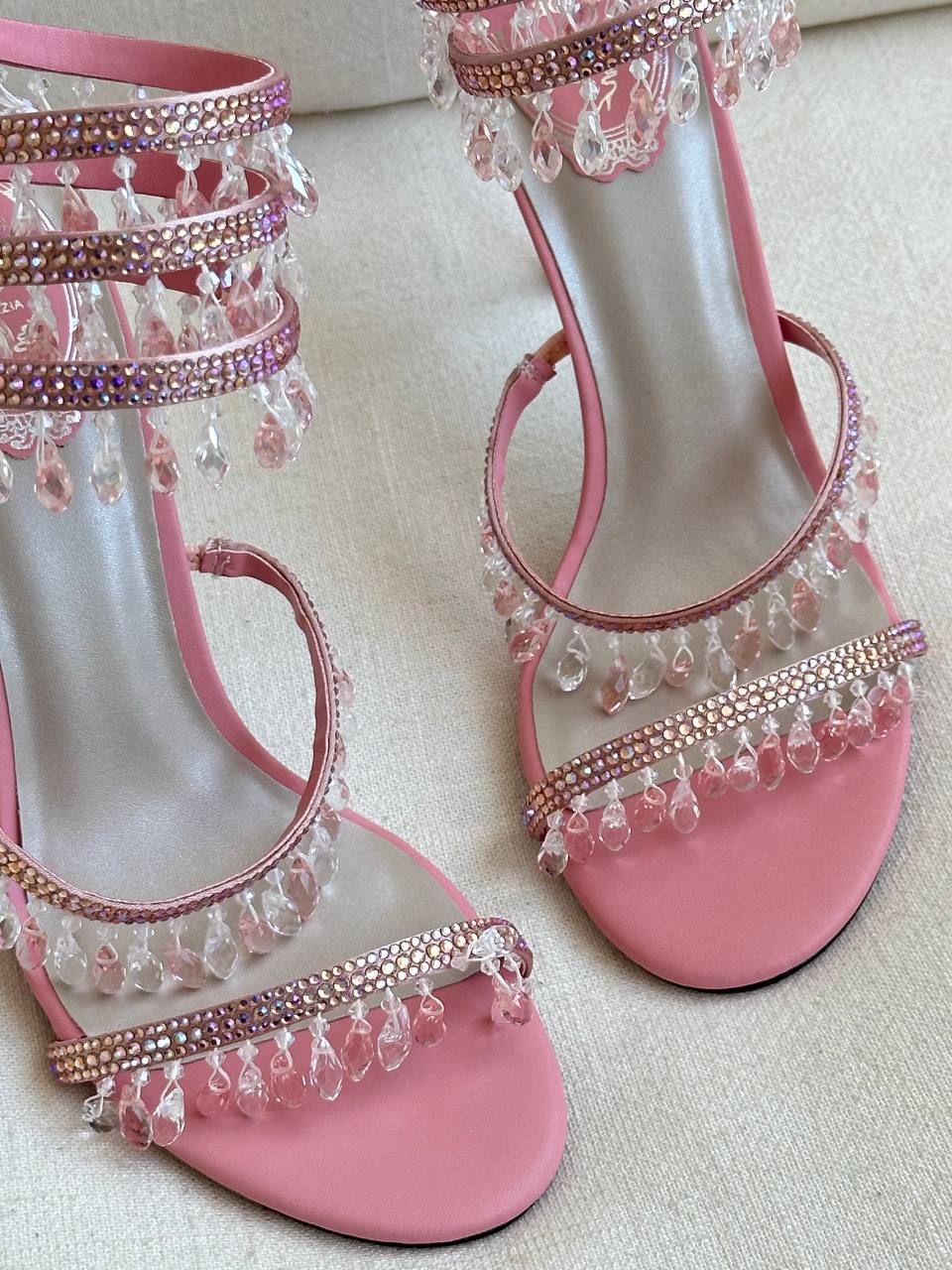 René Caovilla Pink Satin Multi-Layer Crystal Fringe Ankle Wrap Stiletto Sandals