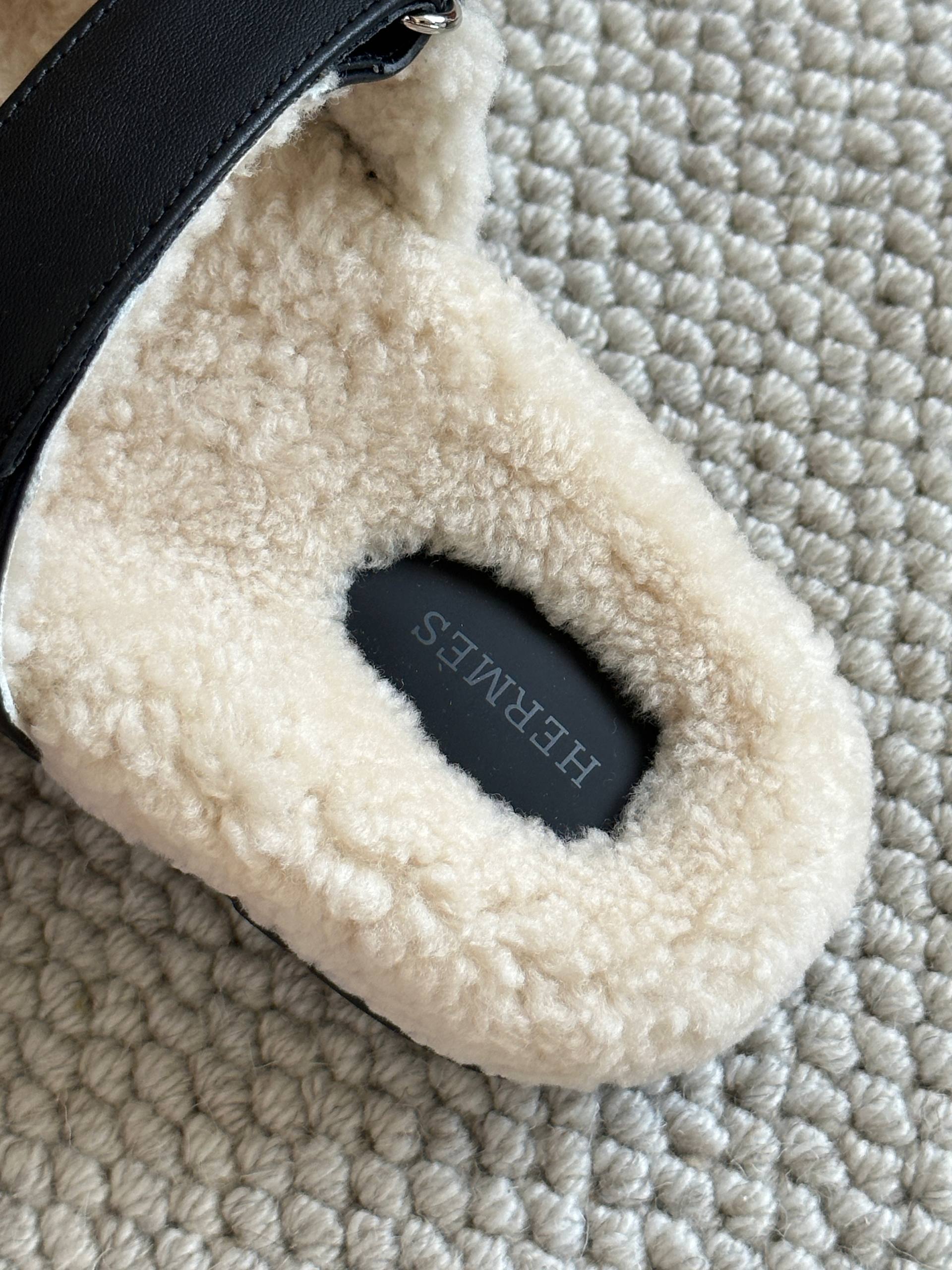 Hermès Black Calfskin & Shearling Chypre Sandals