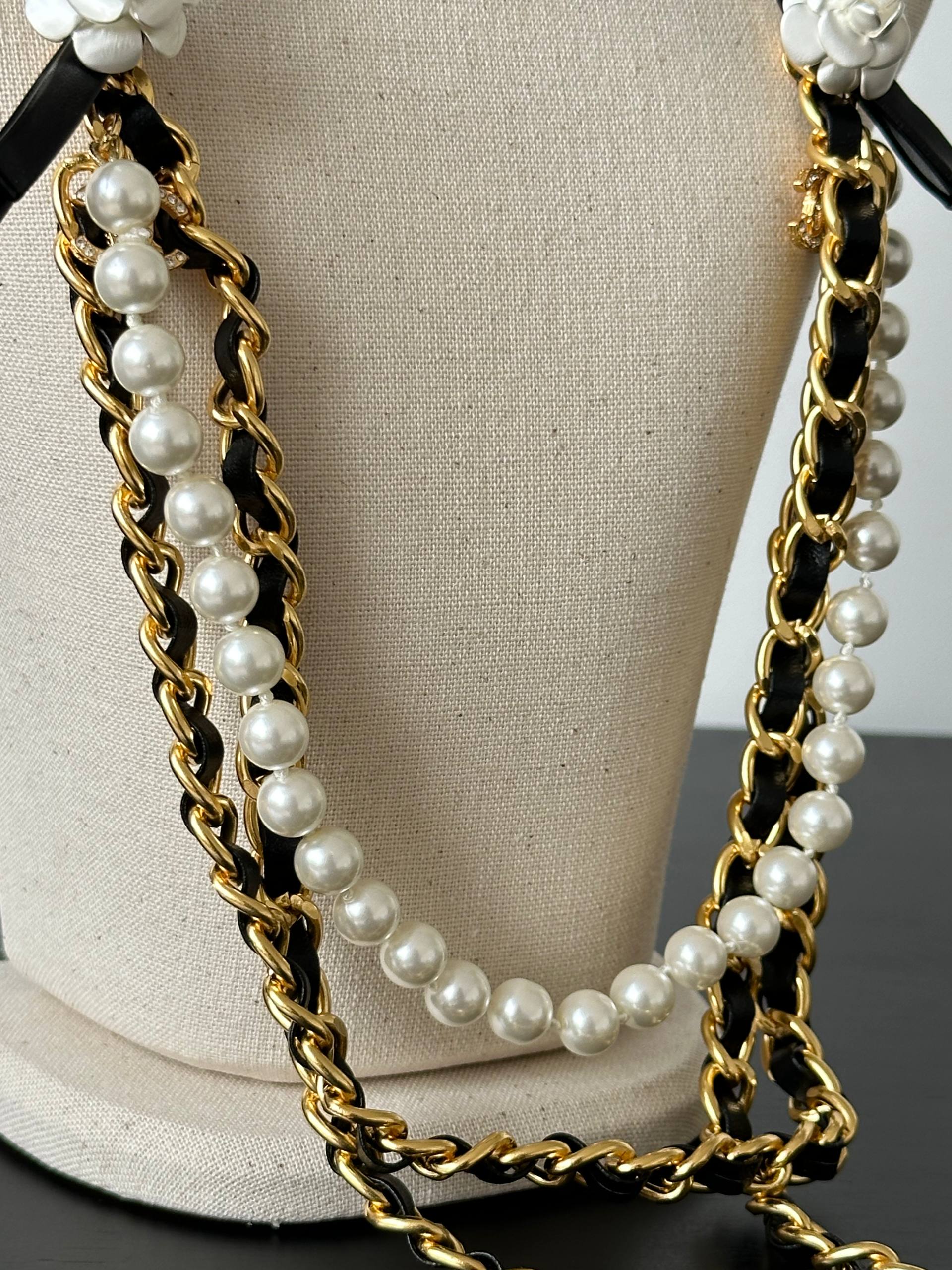 Chanel Camellia Bow Leather-Woven Chain Pearl Multi-layer Waist Chain & Long Necklace Dual-purpose
