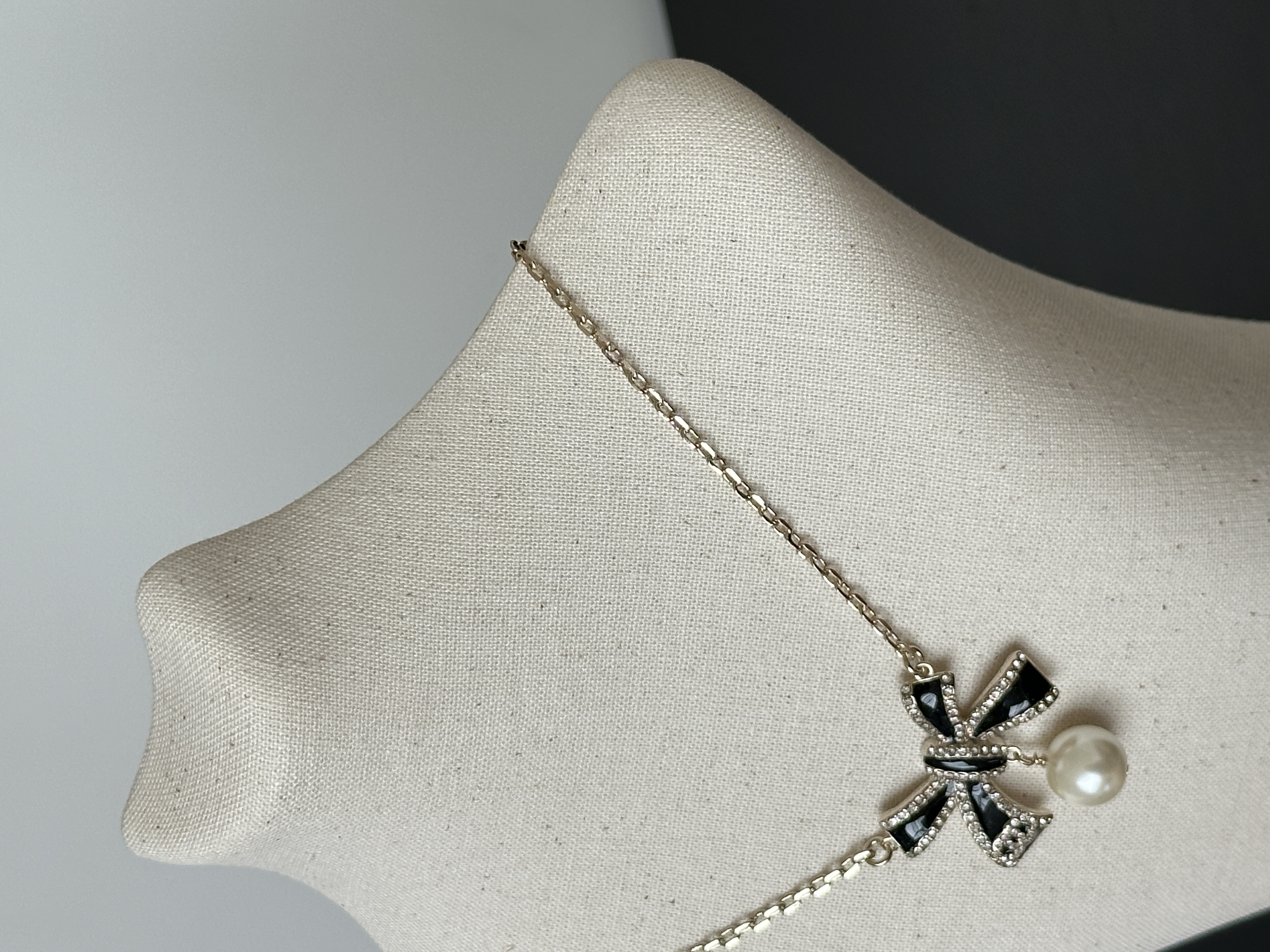 Chanel Bow Crystal Pearl Pendant Necklace