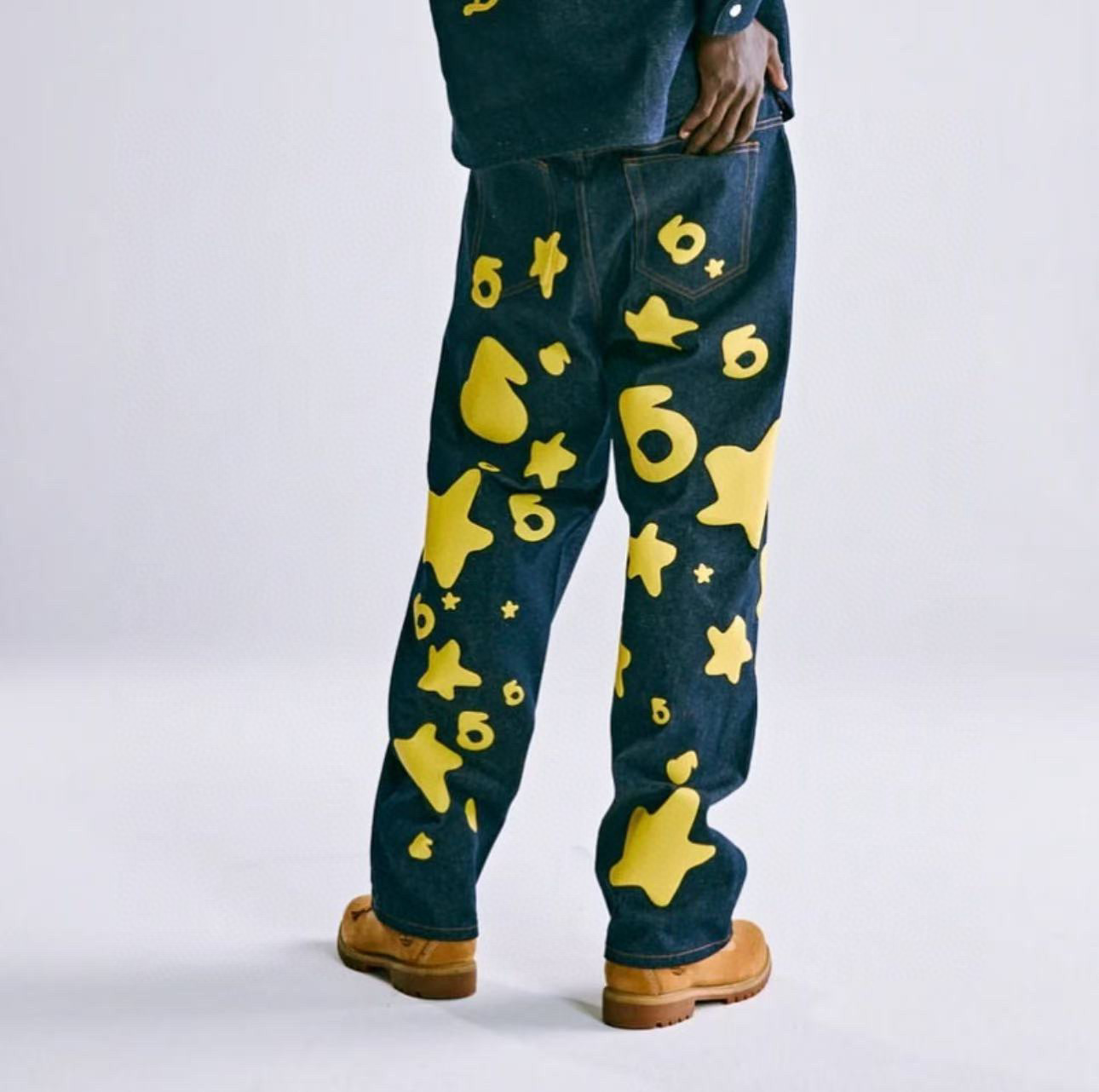 1:1 Best Quality Sp5der Yellow Star Jeans Navy Blue