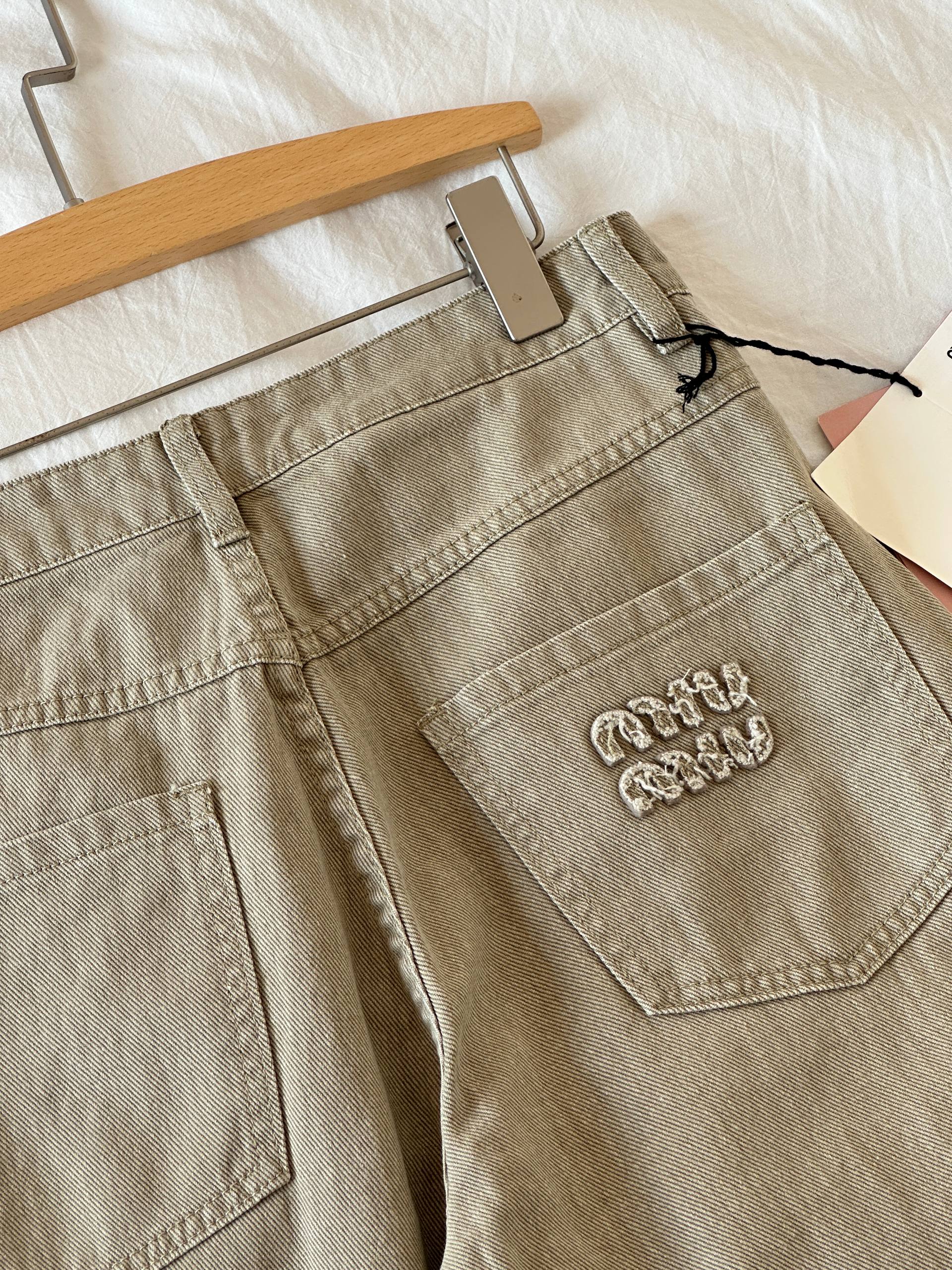 Miu Miu Light Khaki Washed Loose Tapered Cropped Jeans