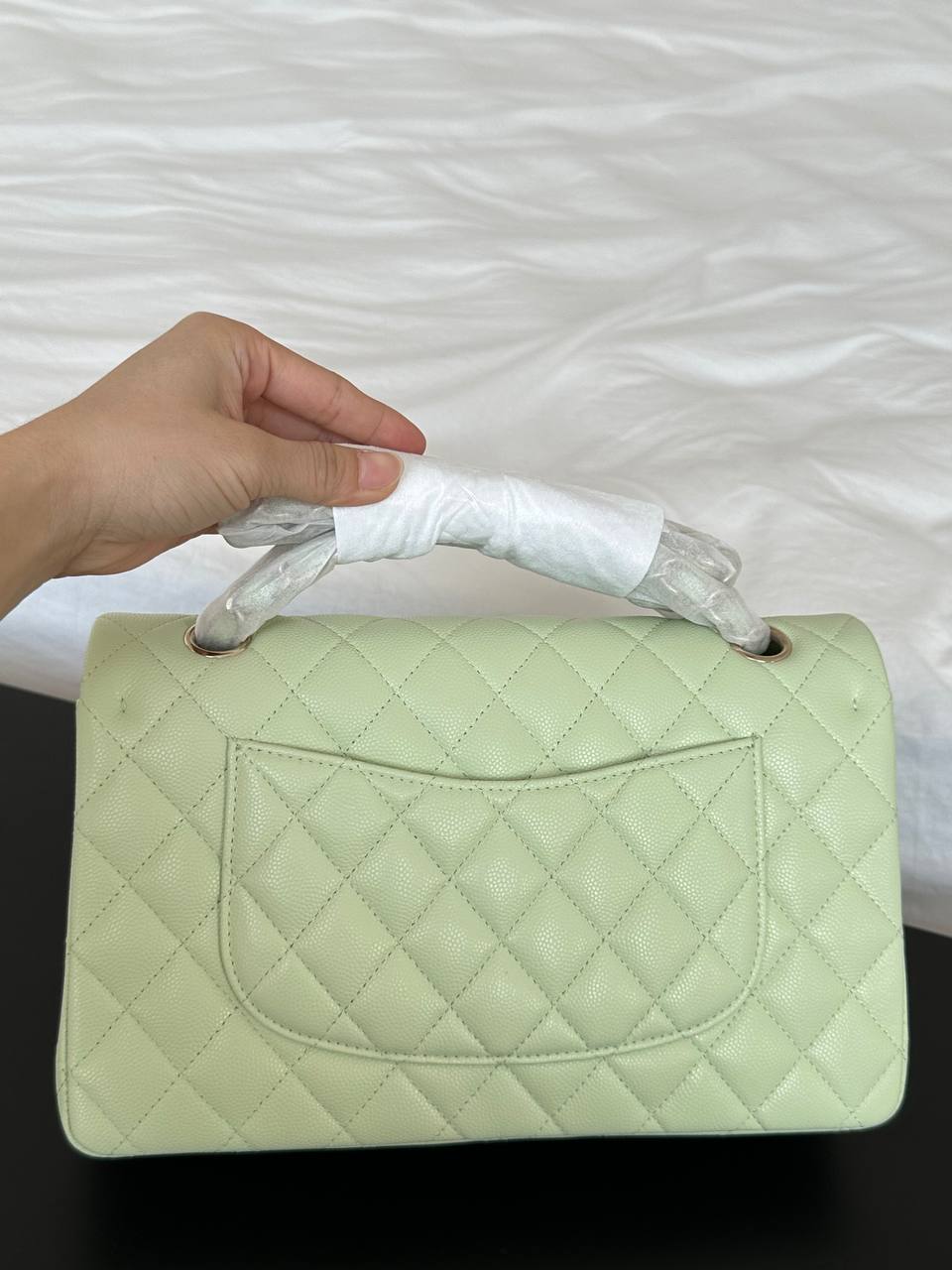 CHANEL Classic Flap Light Green Caviar Quilted Leather Bag with Light Gold Hardware
