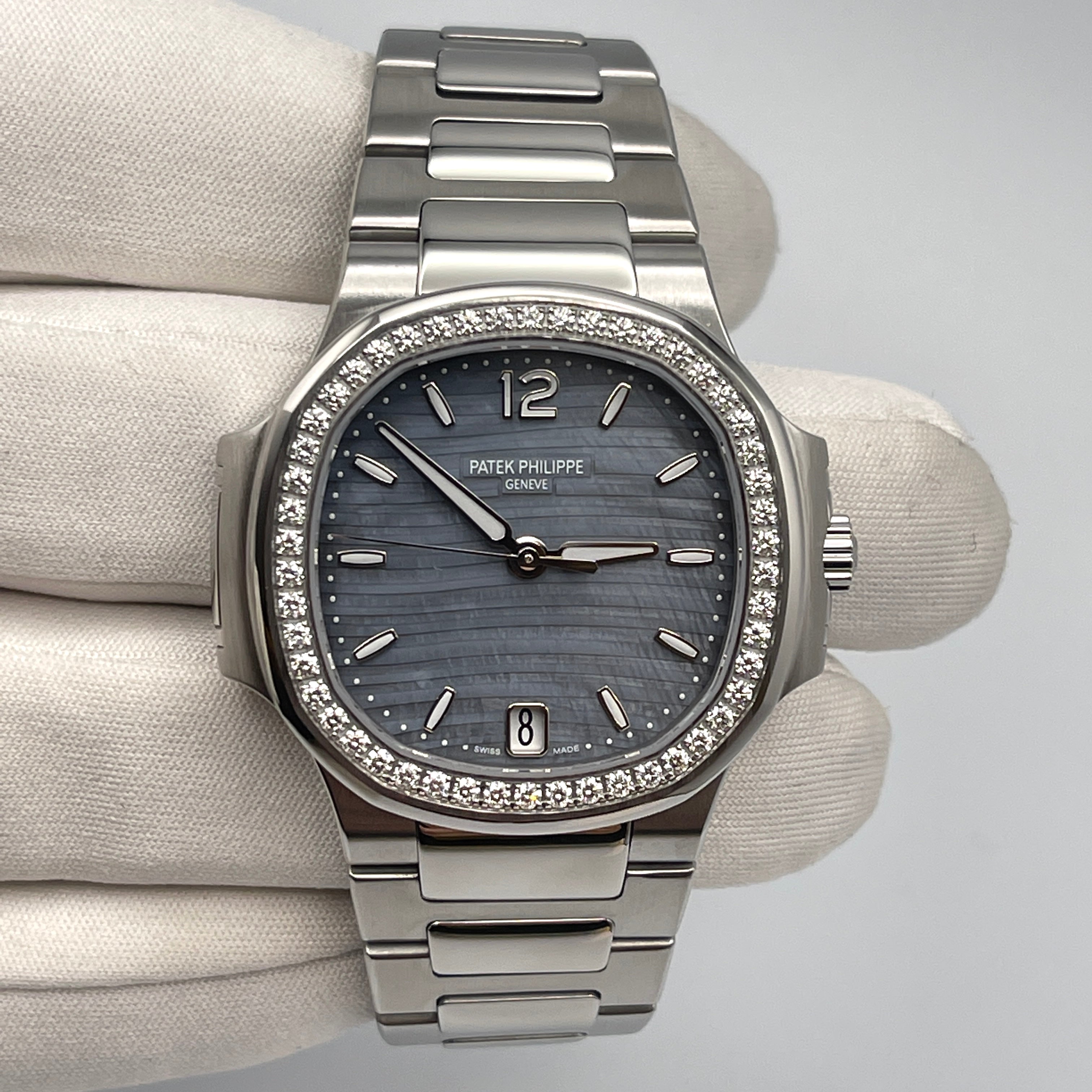 Patek Philippe Ladies' Nautilus Steel Blue Tinted Mother of Pearl Dial Diamond Bezel 7018/1A-010【1:1 Replica】