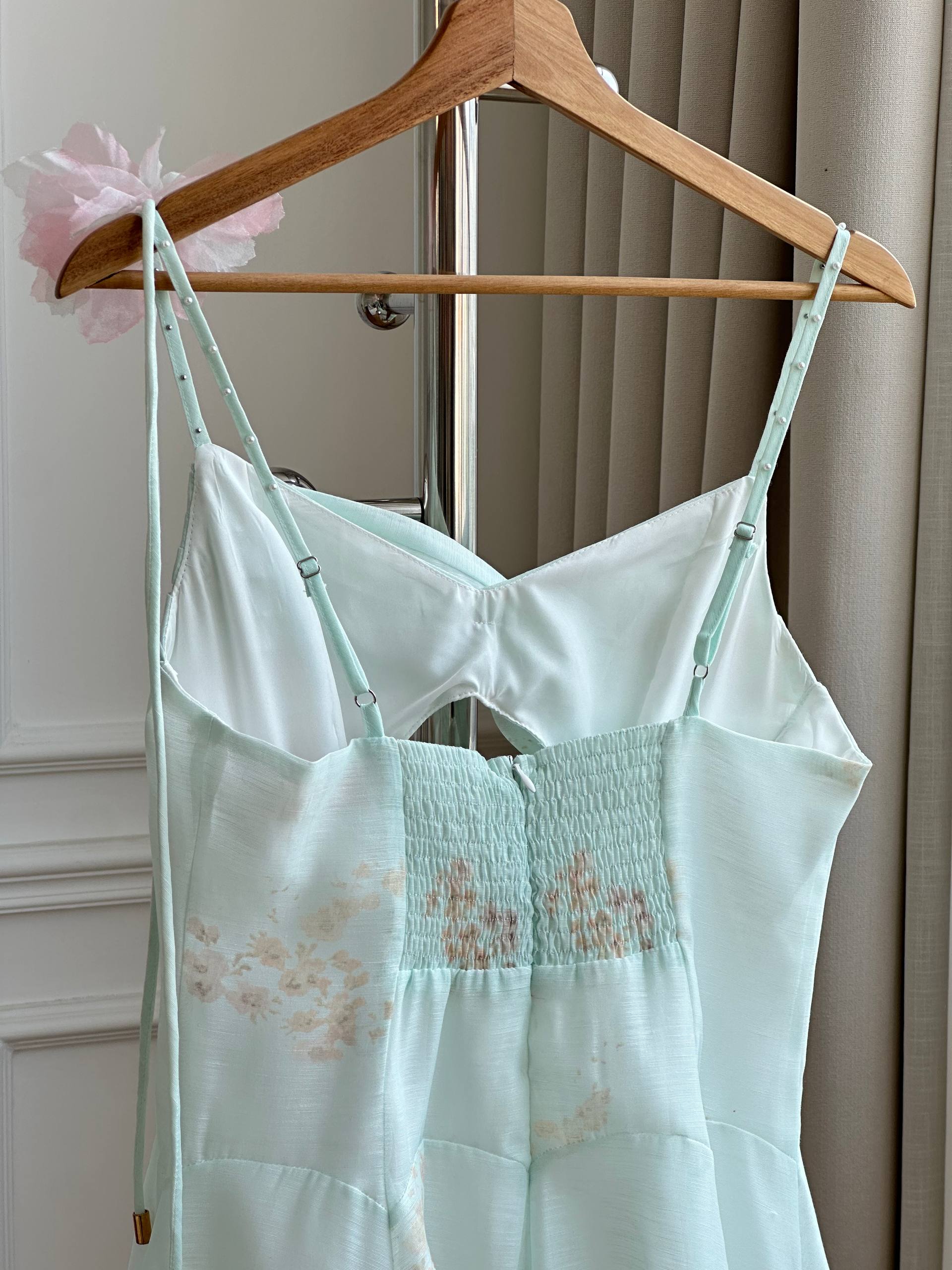 Zimmermann Mint Green Rose Print Ruched Bustier Mini Dress