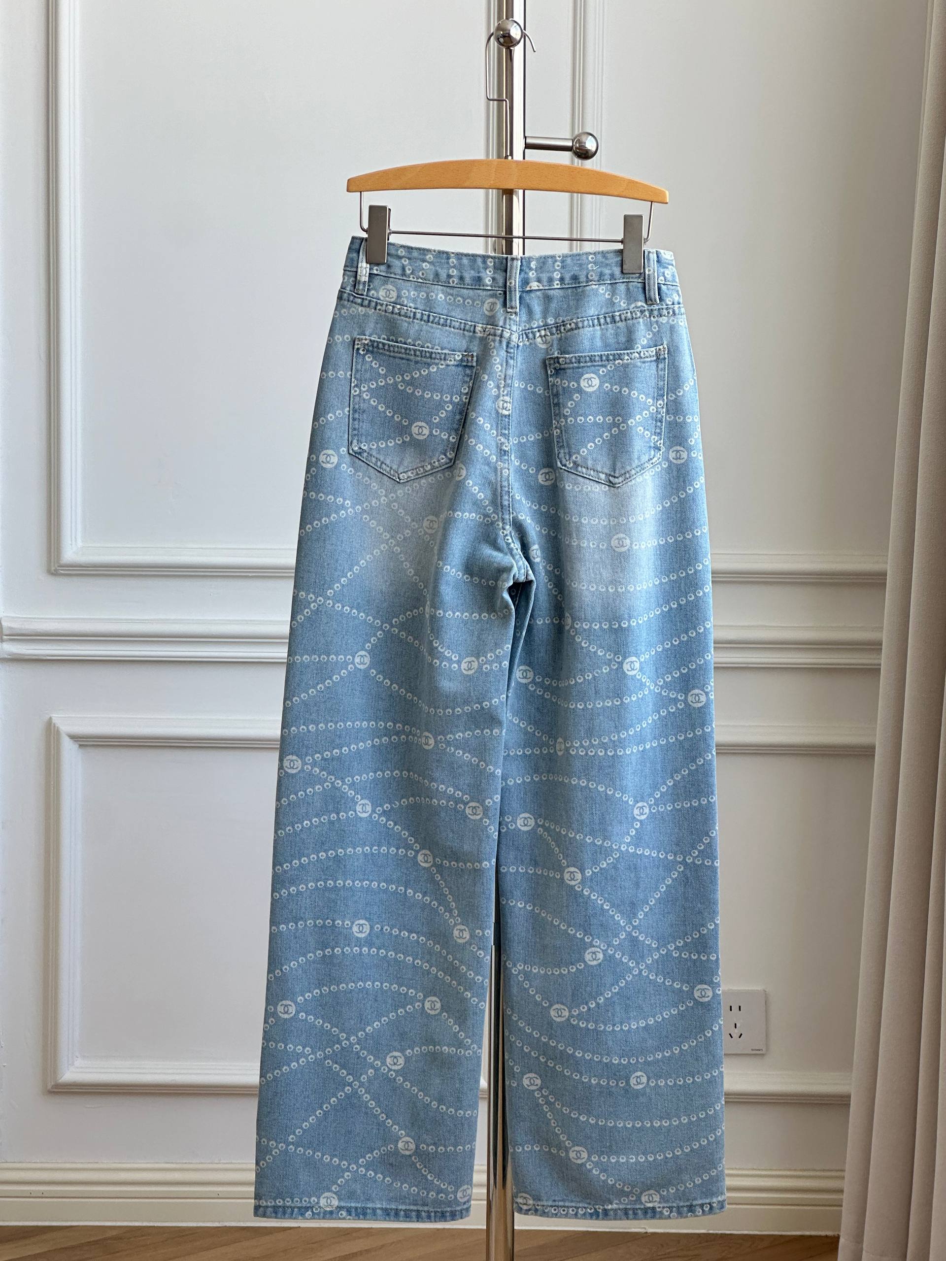 Chanel Chain-Link Print High-Waisted Wide-Leg Jeans