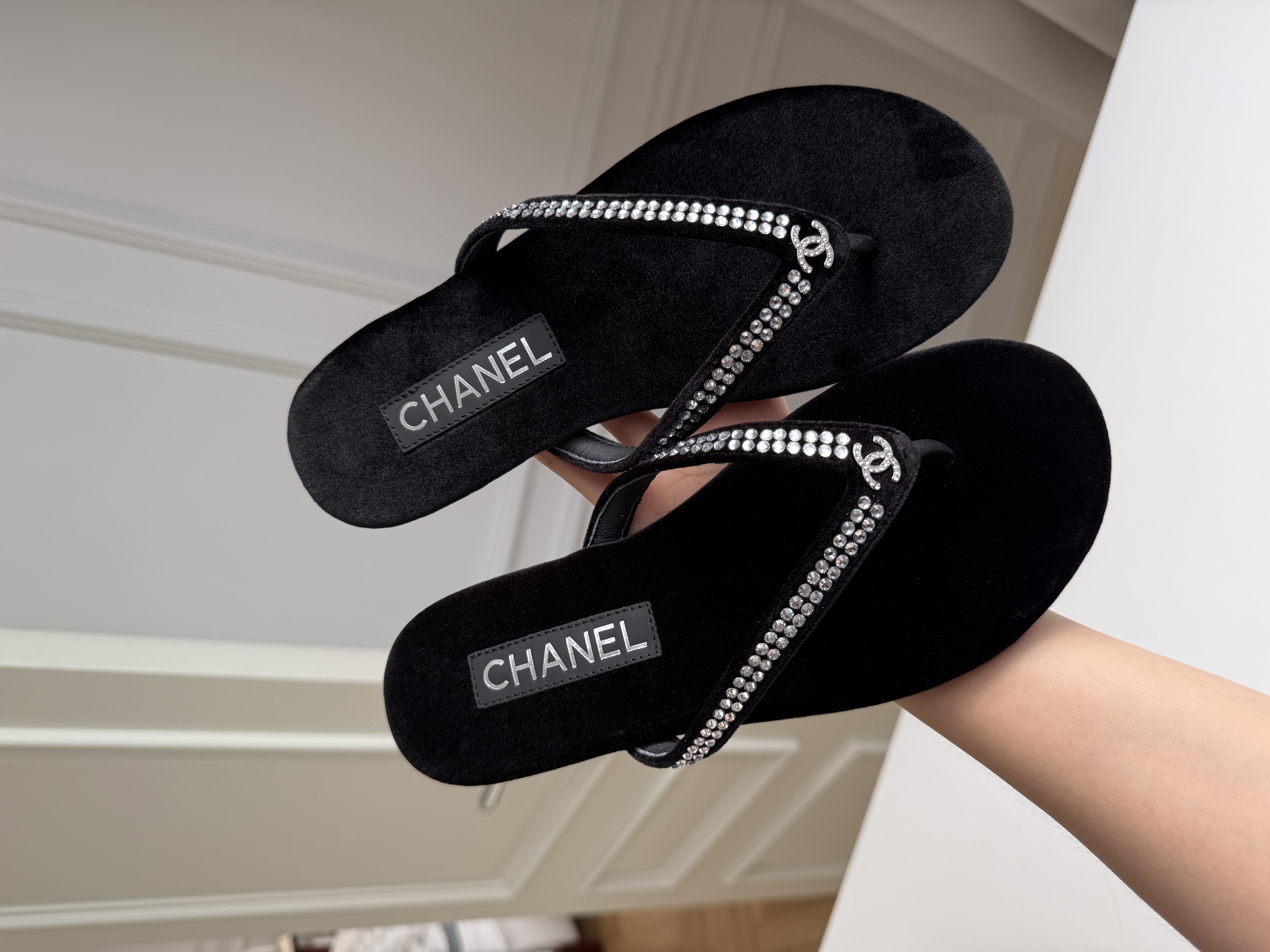 Chanel Velvet Flip-Flop Sandals with Strass and CC Logo