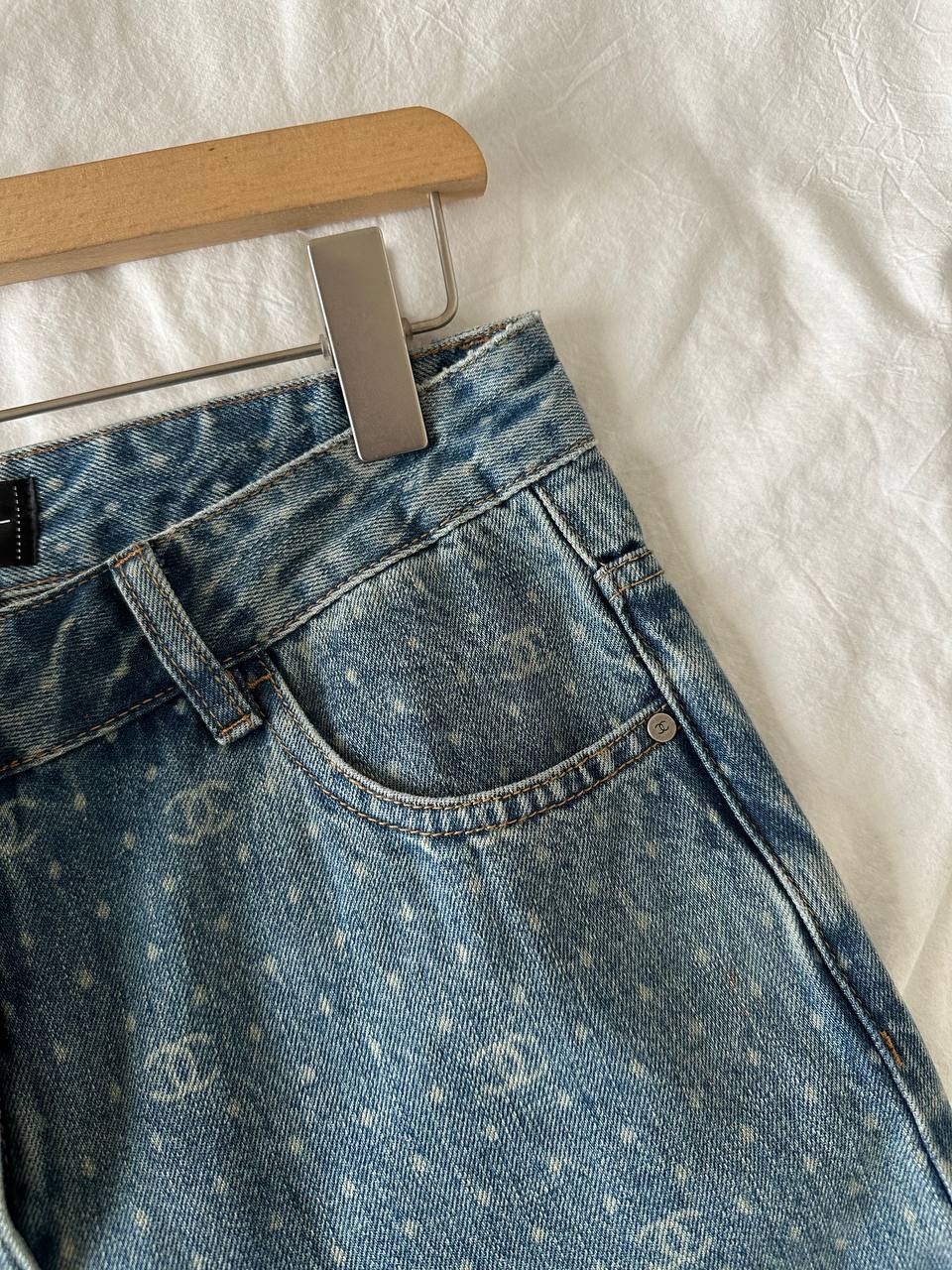 Chanel Light Wash Blue All Over Interlocking CC Polka Dot High Waist Wide Leg Jeans