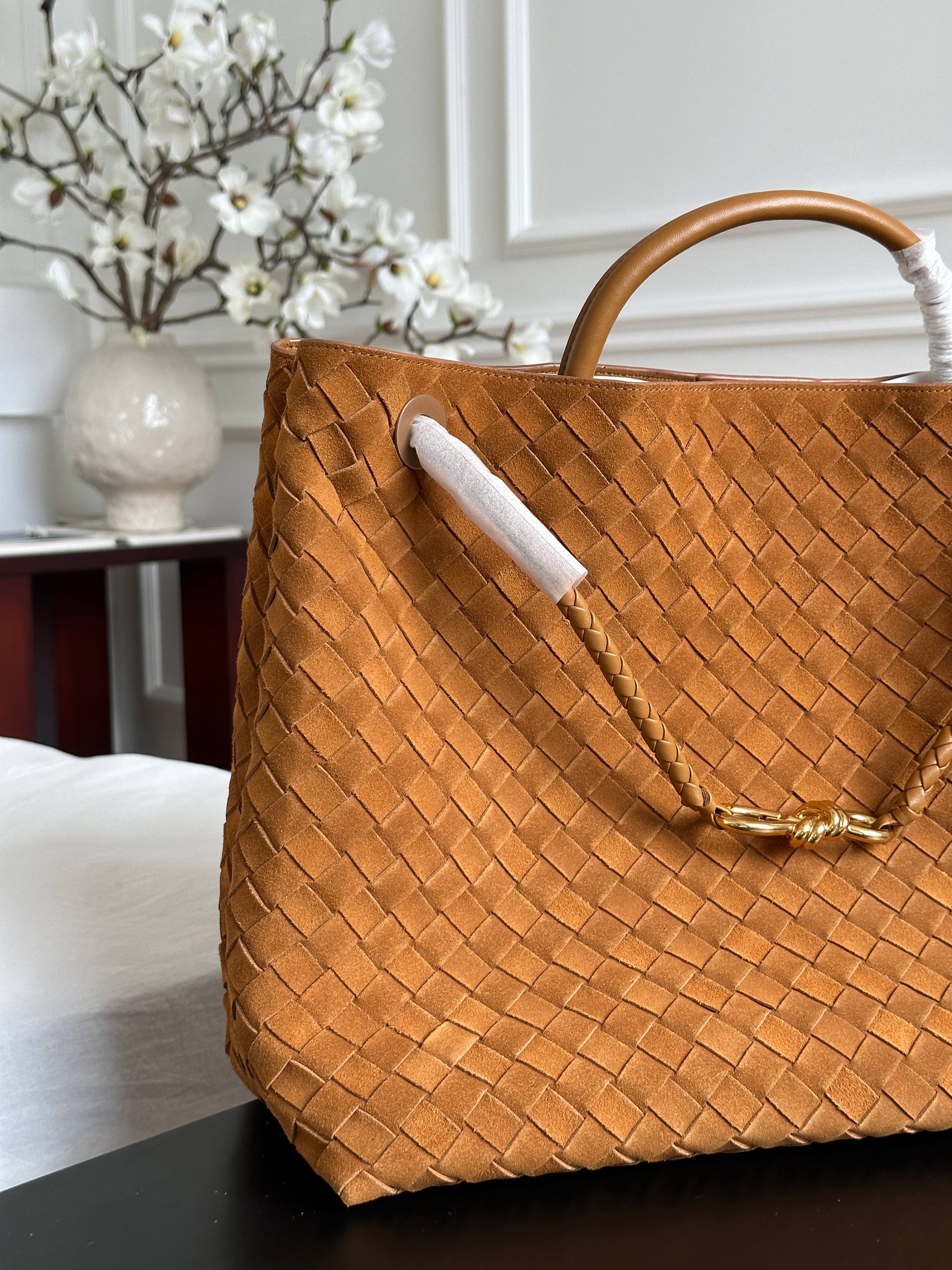 Bottega Veneta Caramel Suede Intrecciato Woven Andiamo Large Tote Bag