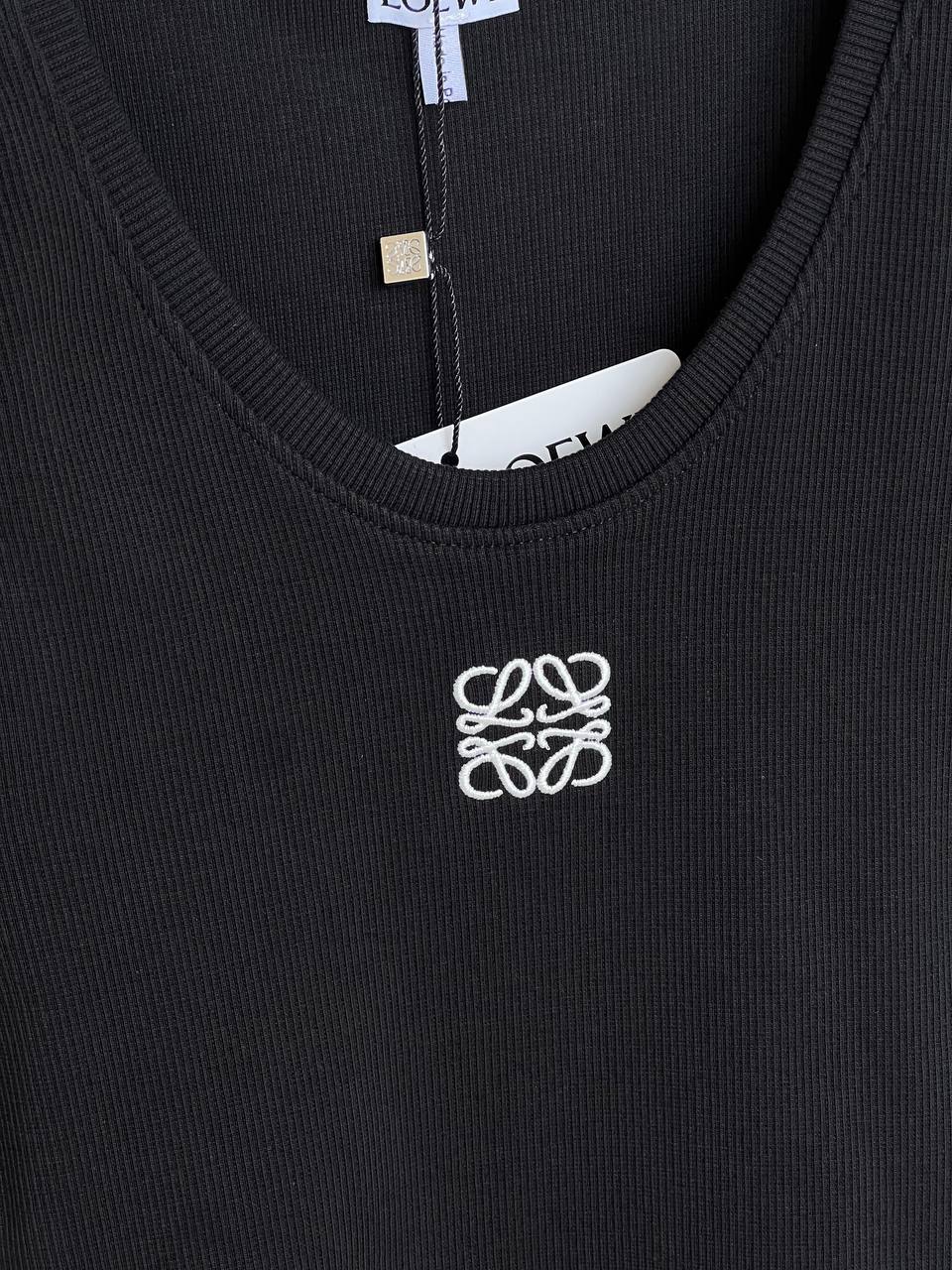 LOEWE Black Ribbed Knit U-Neck Wide Strap Tank Top With White Anagram Embroidery Logo