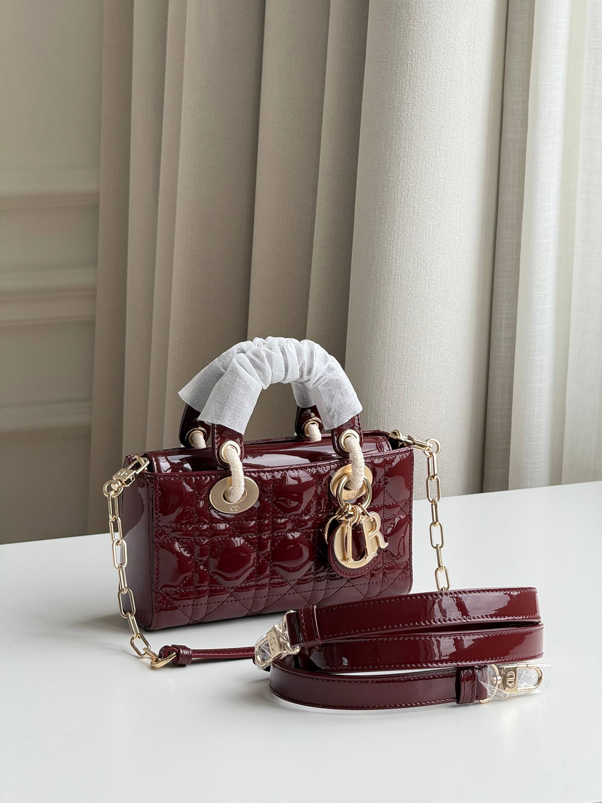 Mini Burgundy Patent Leather Cannage Horizontal Lady Dior Bag
