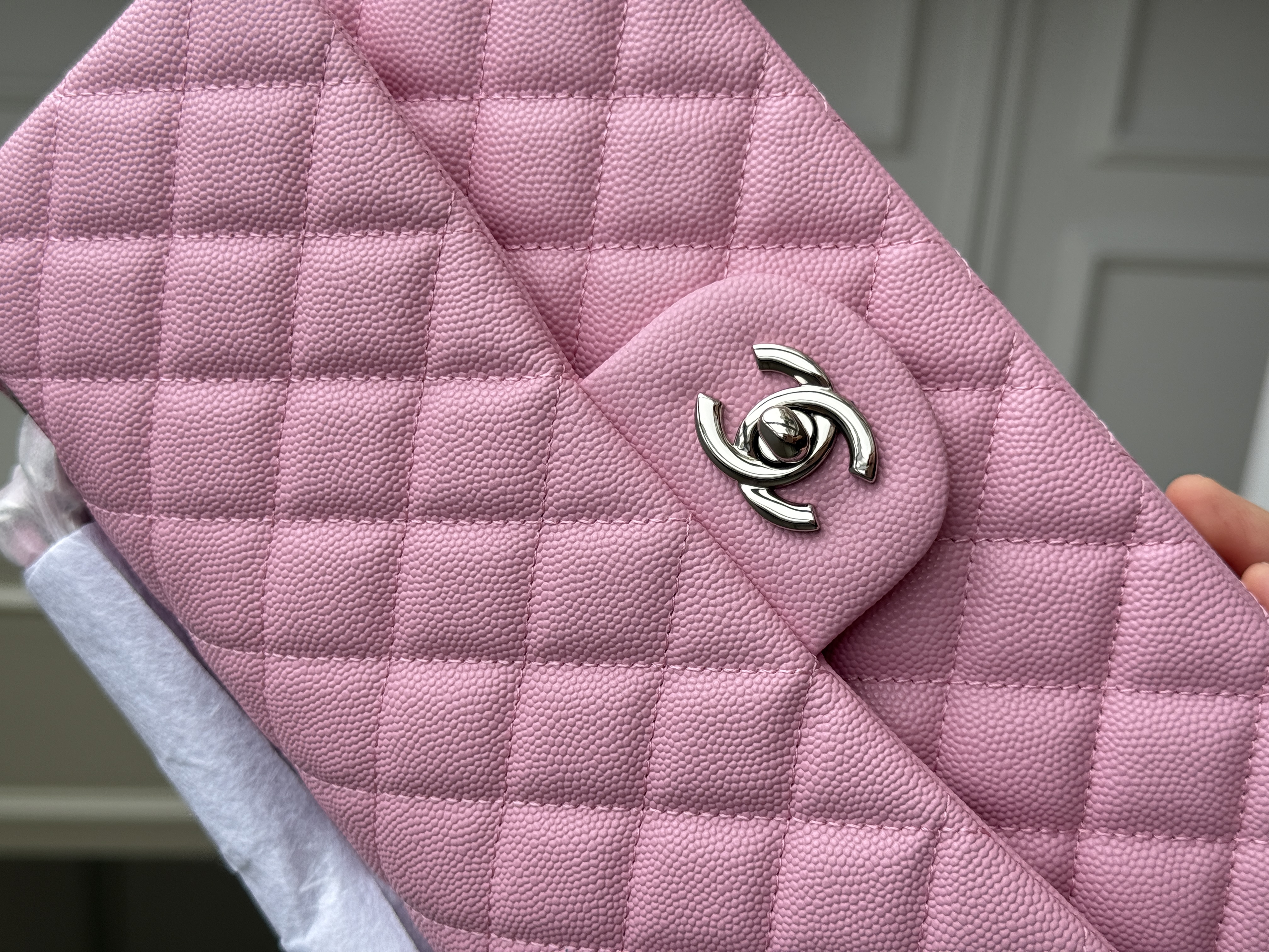 Chanel Sakura Pink Caviar Leather Medium Classic Flap Silver CC Chain Bag