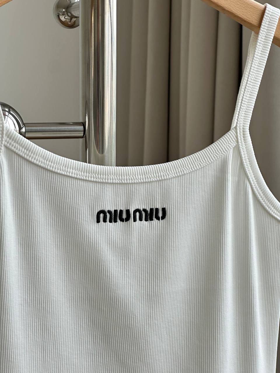 Miu Miu White Ribbed Knit U-Neck Thin Strap Tank Top With Black Embroidery Logo