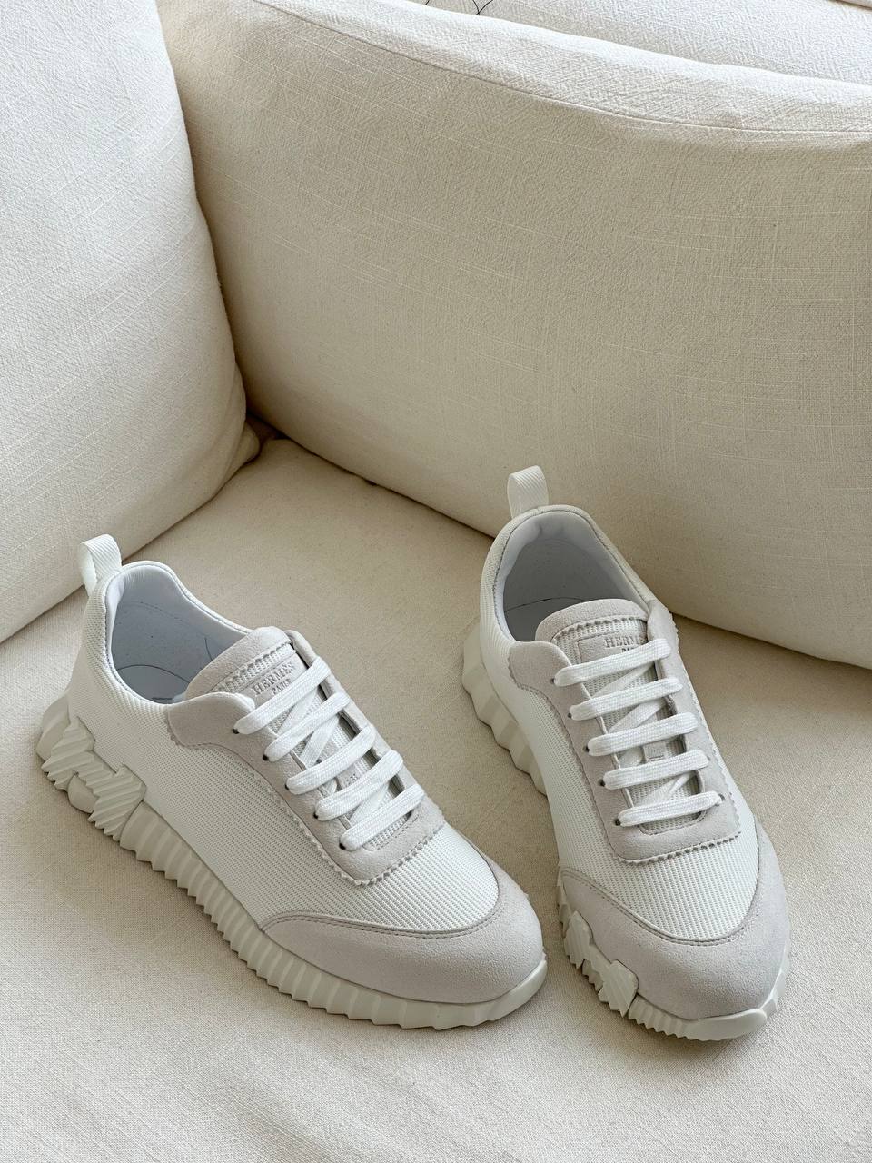 Hermès White Technical Fabric & Suede Chunky Sole Sneaker