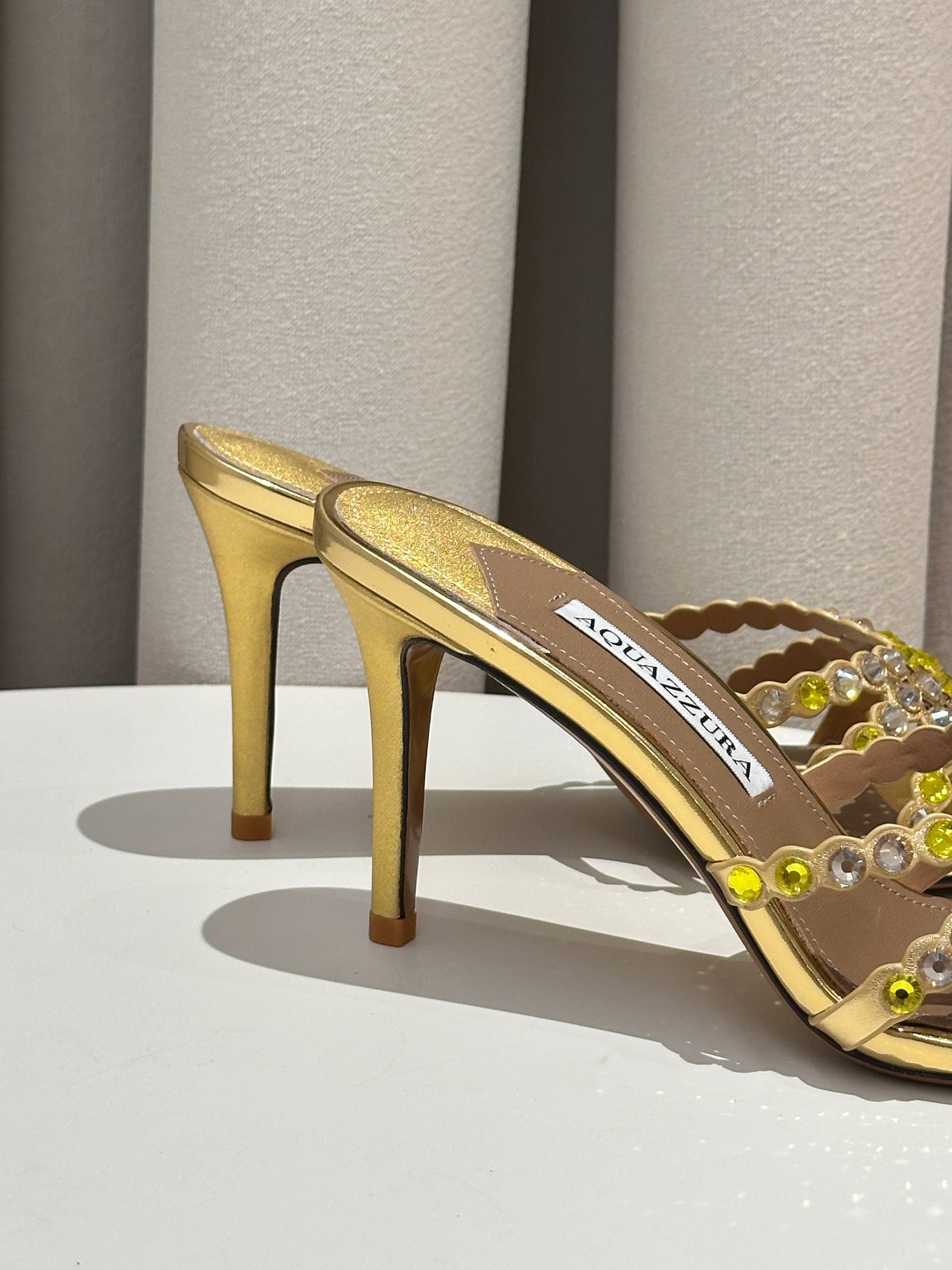 Aquazzura Tequila Mule 75 Crystal-Embellished Gold Leather Sandals
