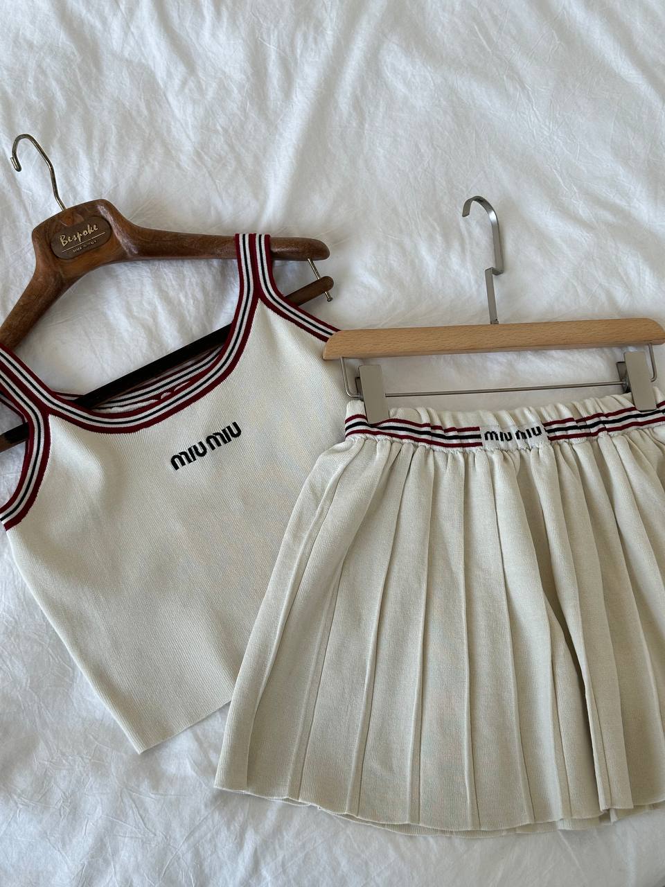 Miu Miu Cream Striped Trim Letter Embroidery Knit Cami Top & High Waist Pleated Skirt Two Piece Set