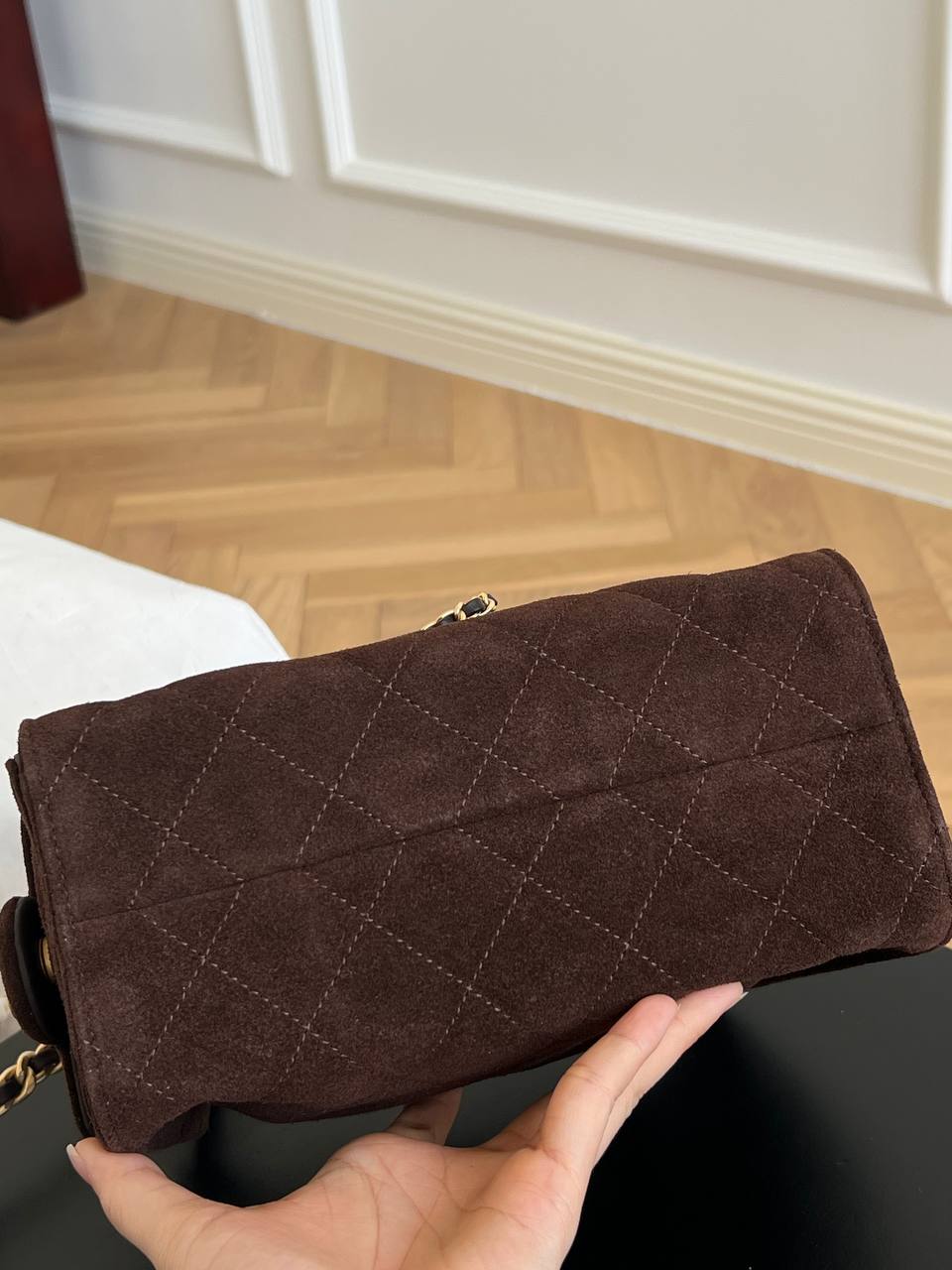 Chanel Dark Brown Suede Quilted CC Lock Drawstring Chain Hobo Underarm Bag
