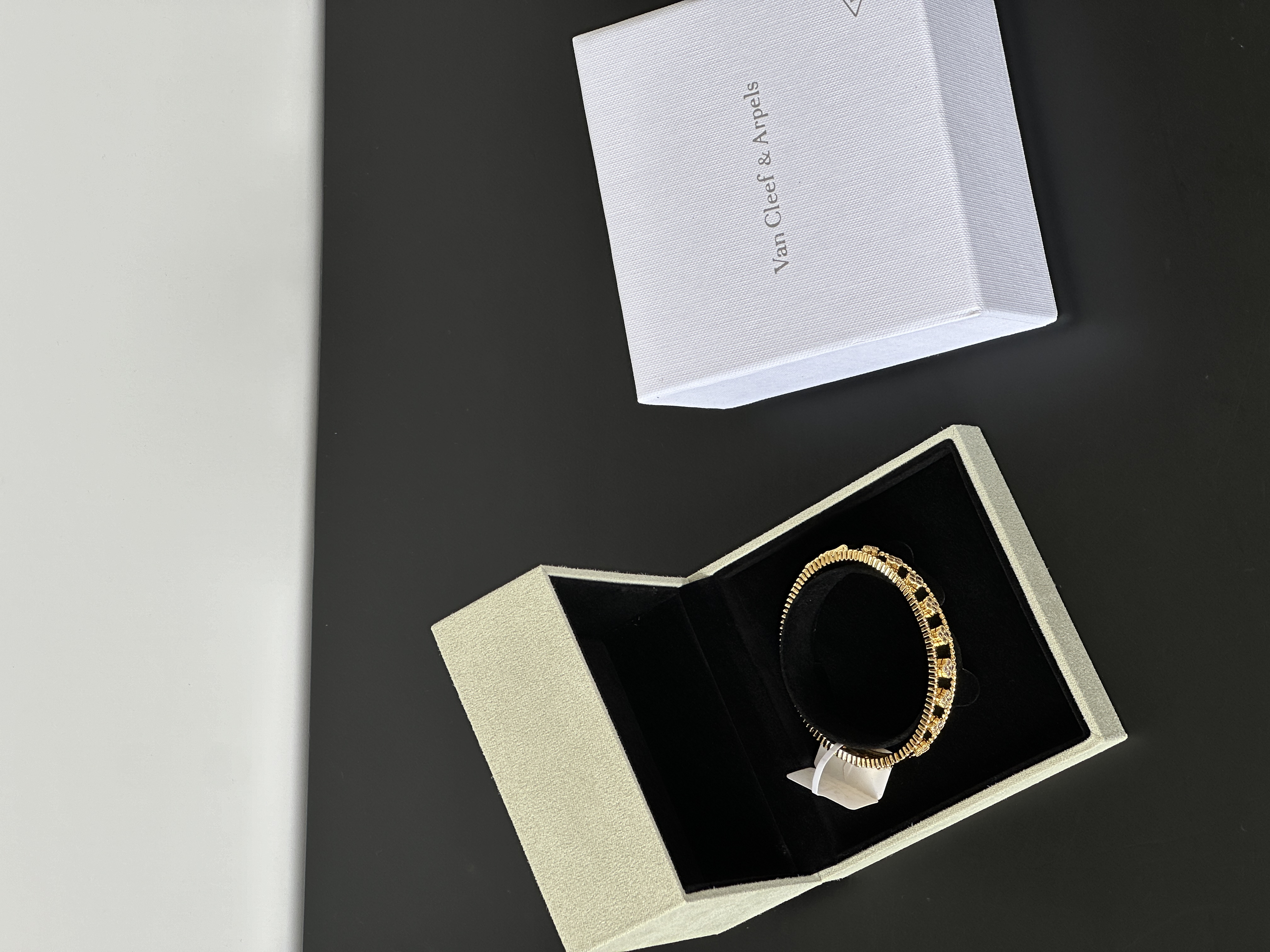 Van Cleef & Arpels Vintage Alhambra Diamond Four-Leaf Clover Perlee Gold Bangle