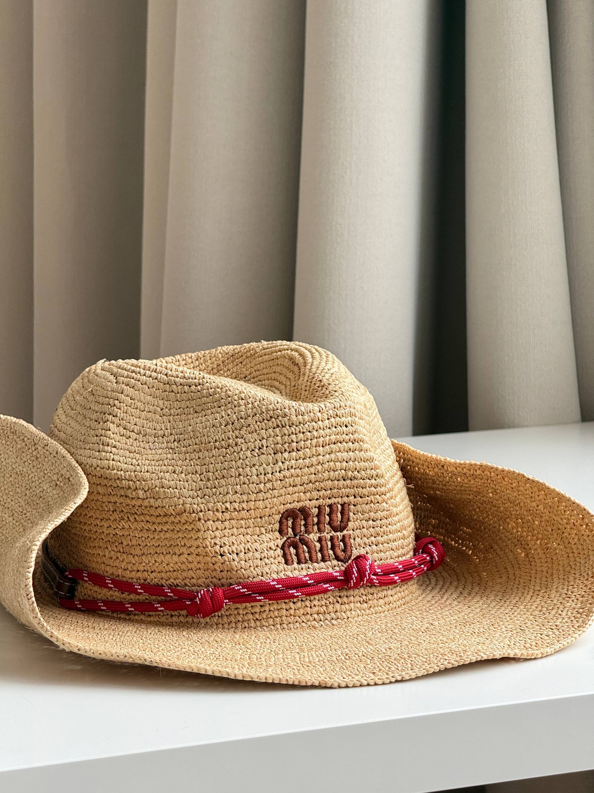 Miu Miu Raffia Woven Cowboy-Style Wide-Brim Straw Hat