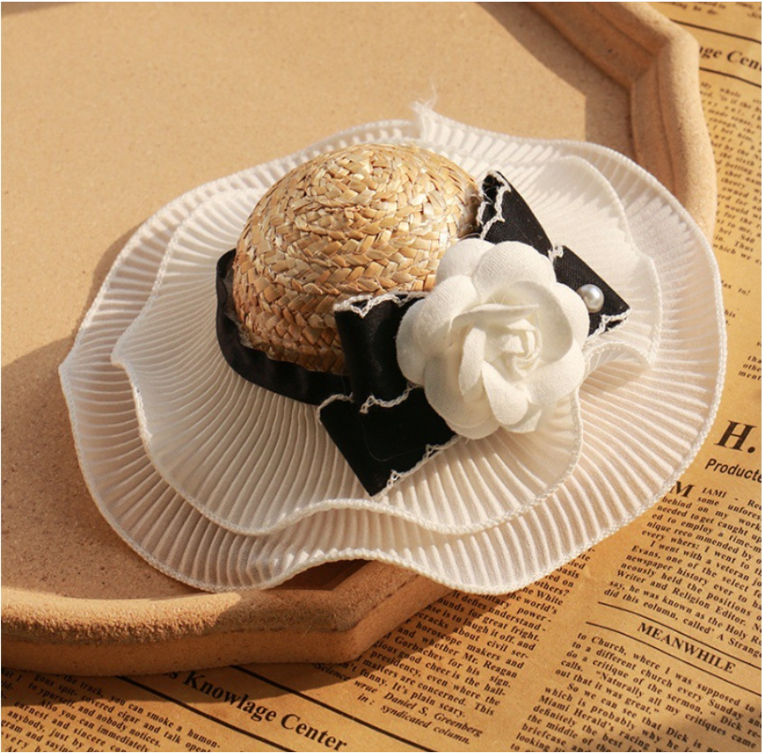 Pet Beige Wicker Straw Hat White Pleated Brim Black Bow Camellia Pearl Decor Accessory - MAISONKAIRON