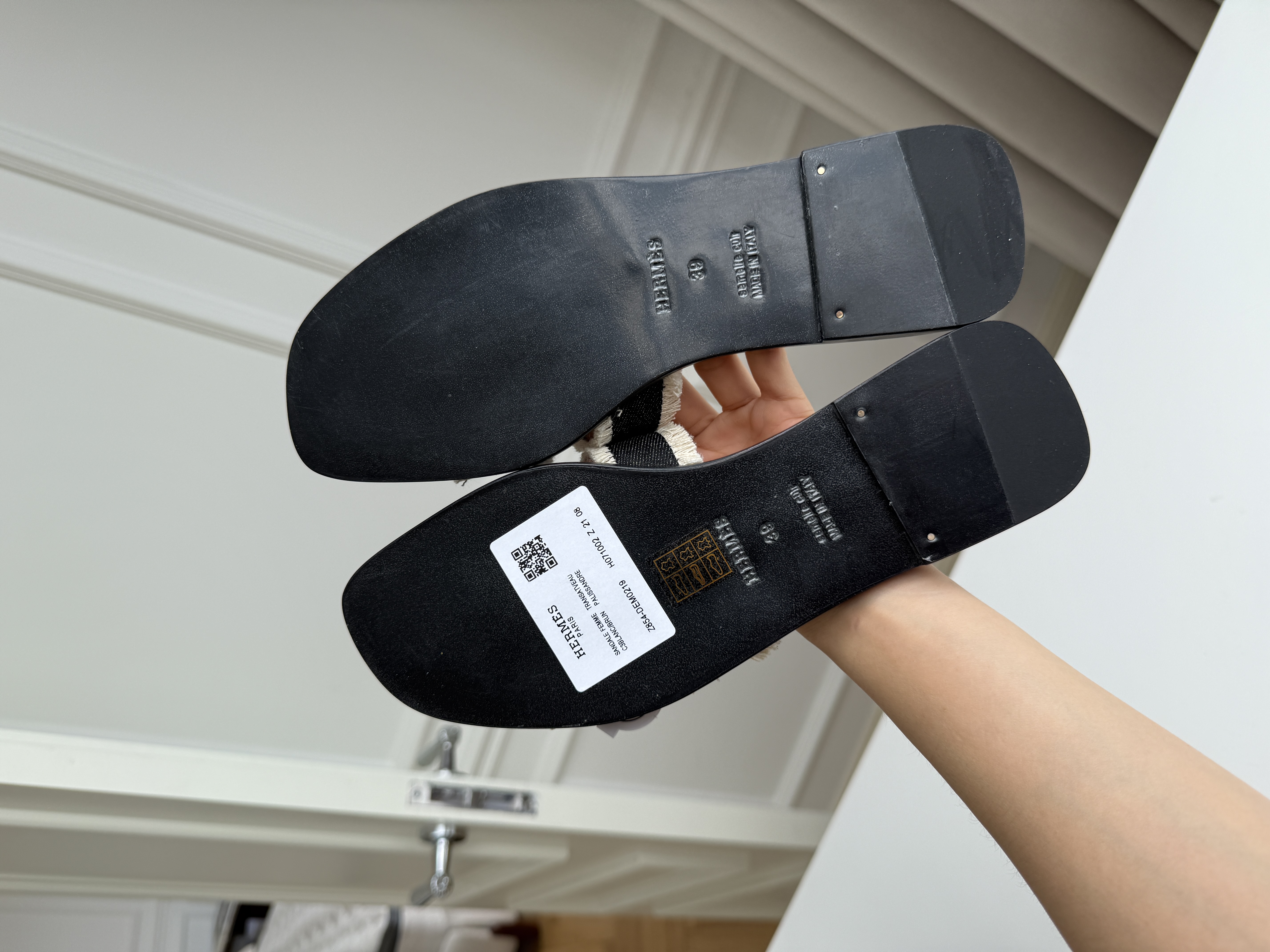 Hermès Black Fringe Denim H Cutout Flat Slide Sandals