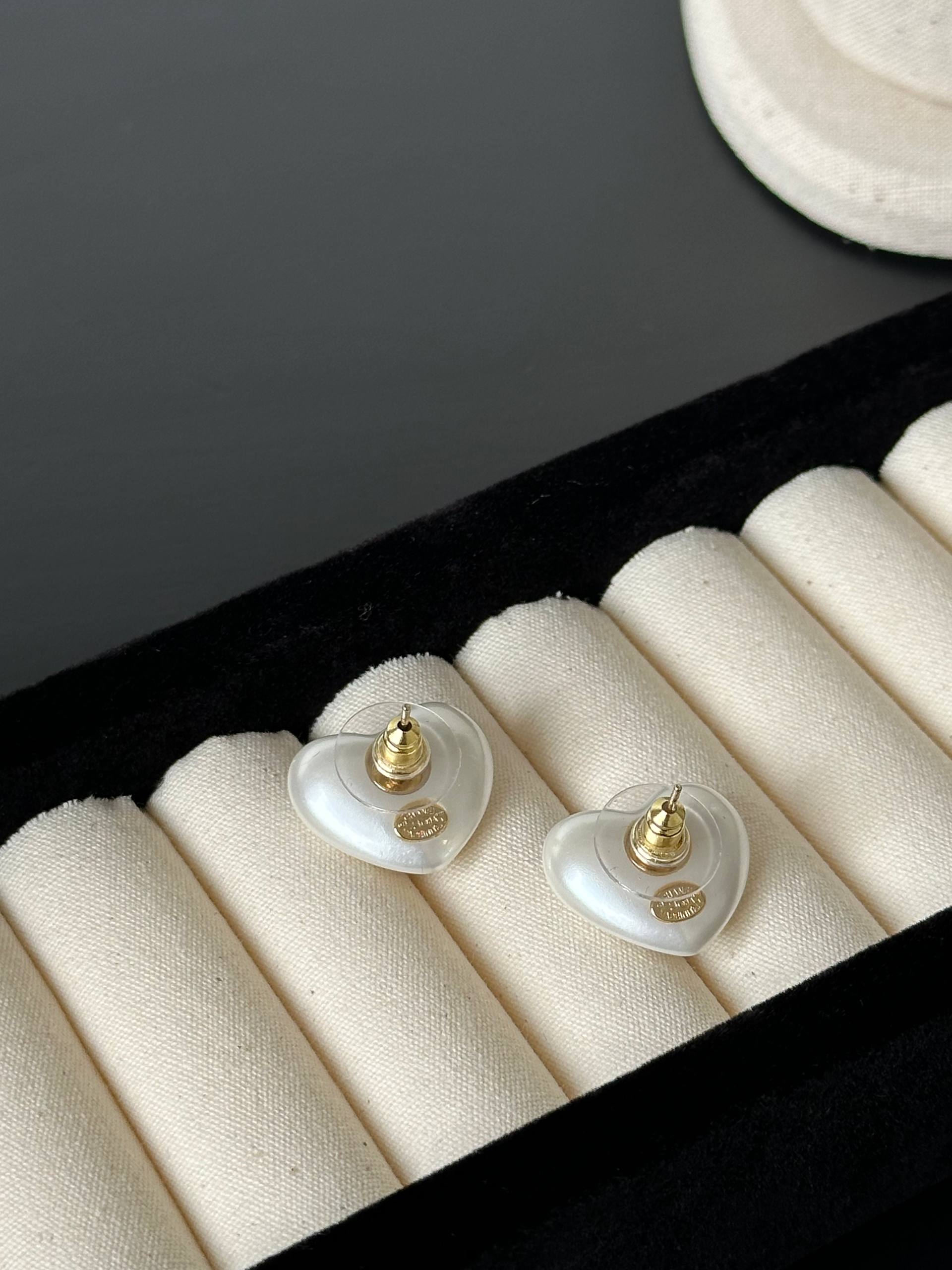 Chanel Heart Mother-of-Pearl Crystal CC Stud Earrings